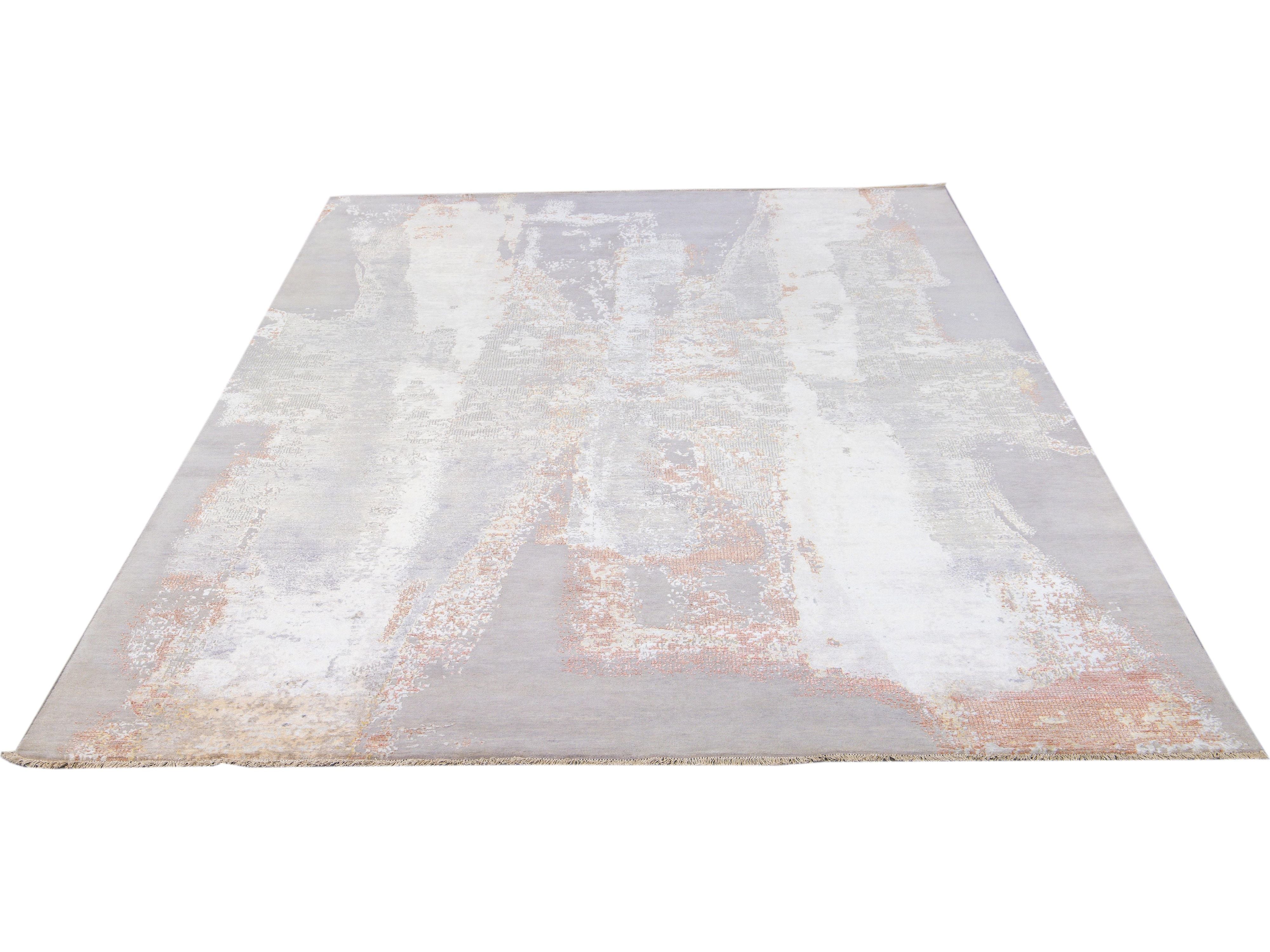 Modern Indian Handmade Beige and Gray Abstract Wool and Silk Rug