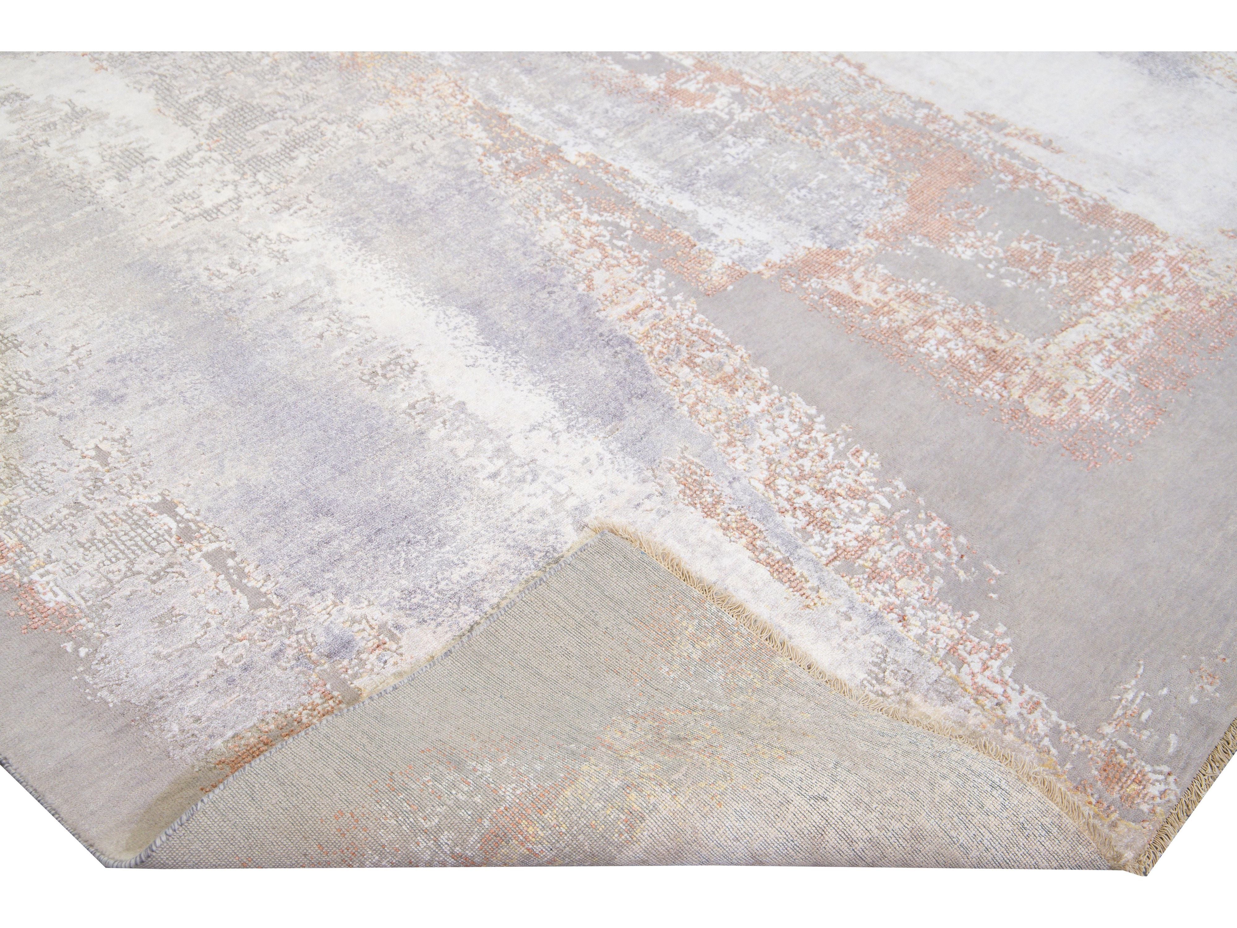 Modern Indian Handmade Beige and Gray Abstract Wool and Silk Rug