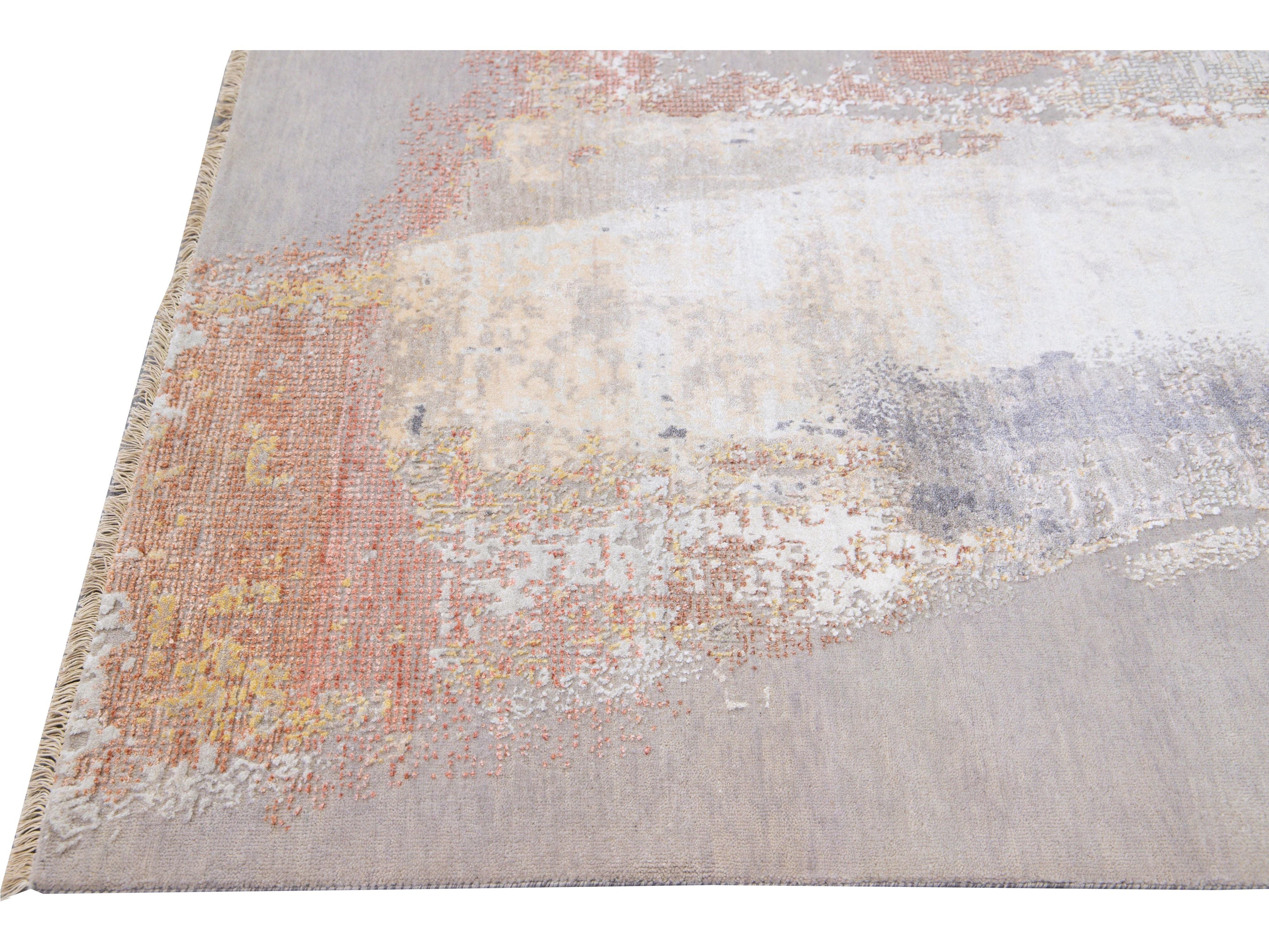 Modern Indian Handmade Beige and Gray Abstract Wool and Silk Rug