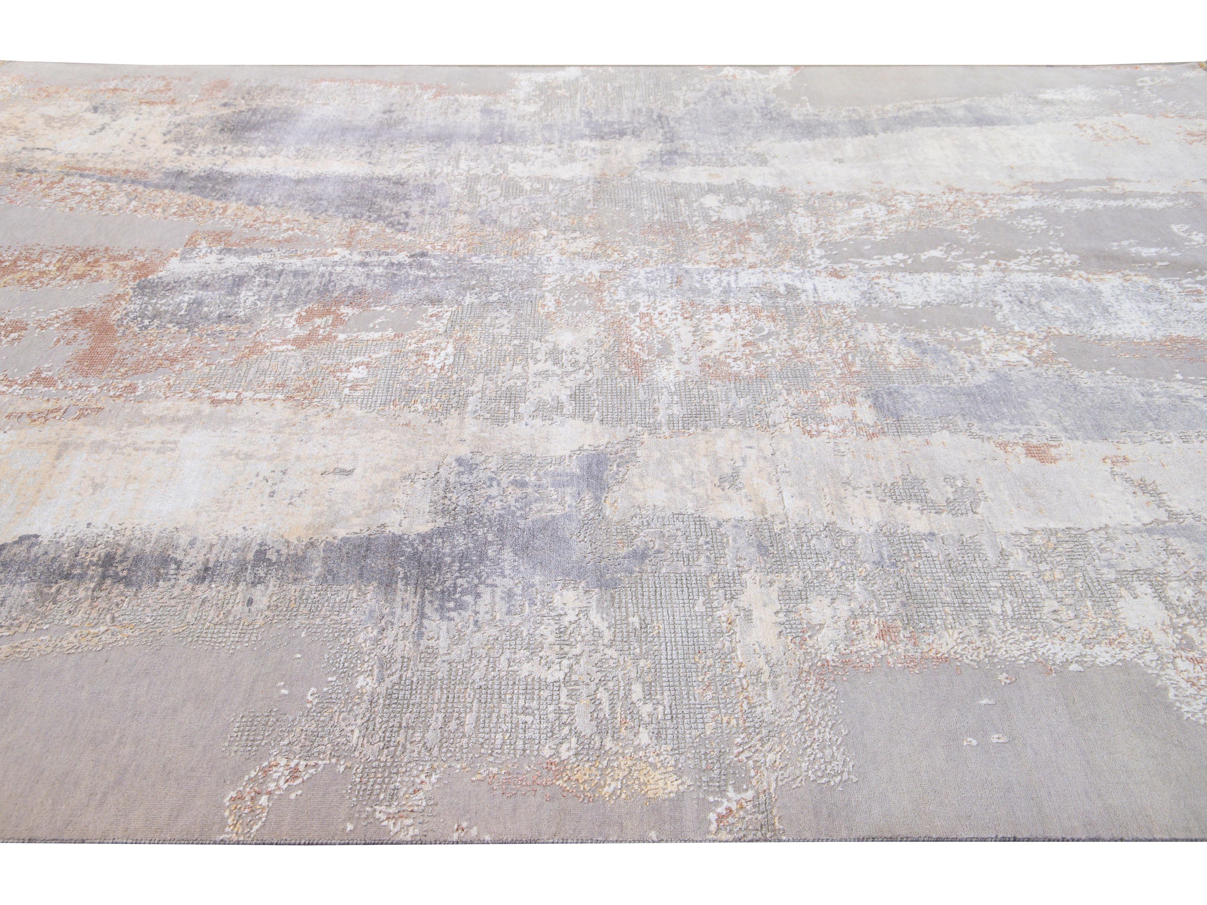 Modern Indian Handmade Beige and Gray Abstract Wool and Silk Rug