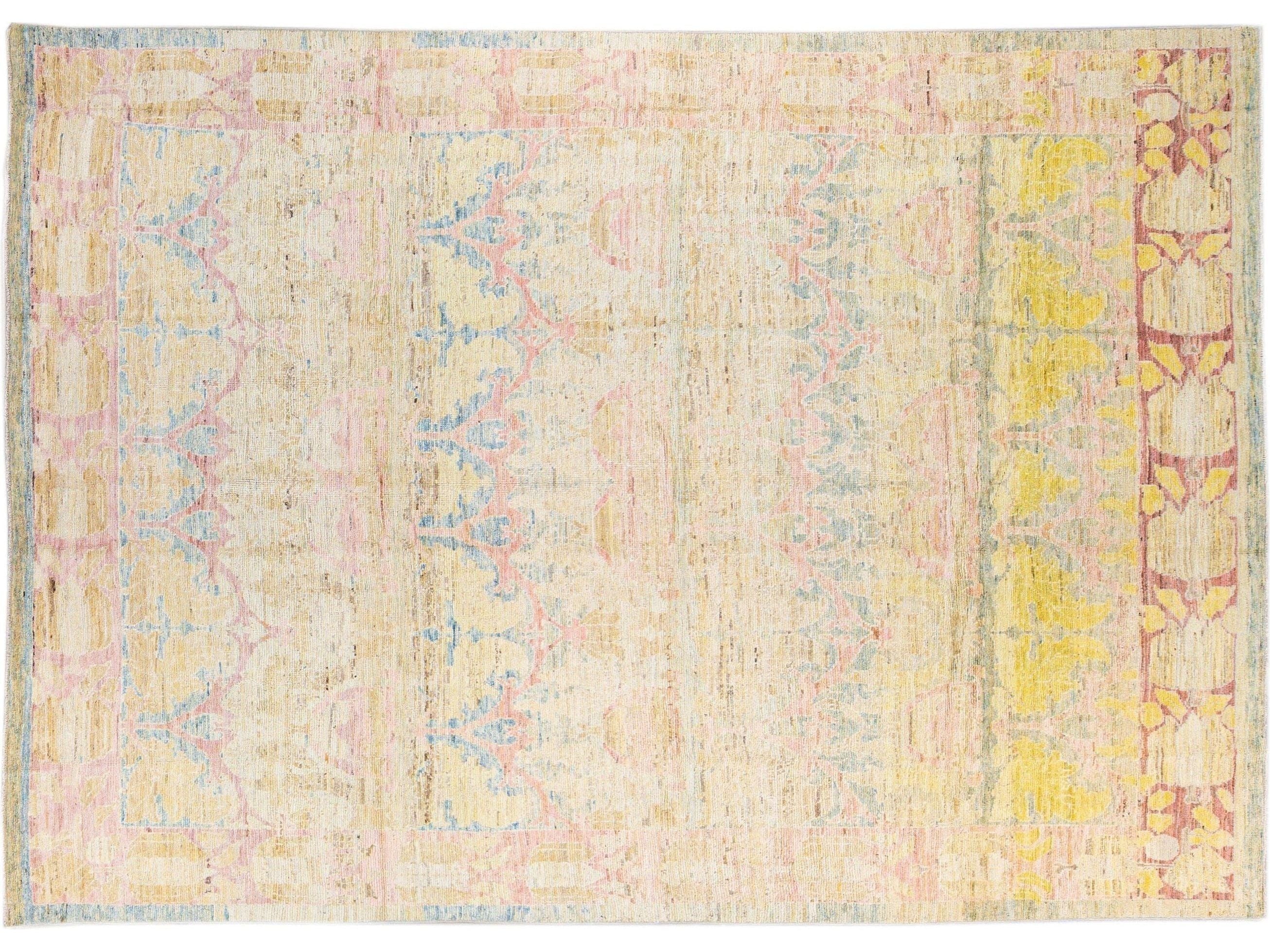 Modern Oushak Handmade Beige Floral Designed Wool Rug