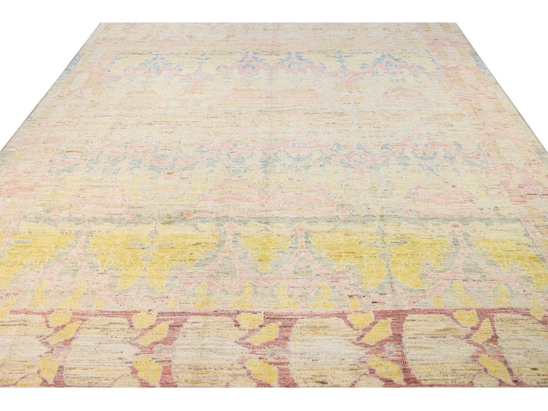Modern Oushak Handmade Beige Floral Designed Wool Rug.