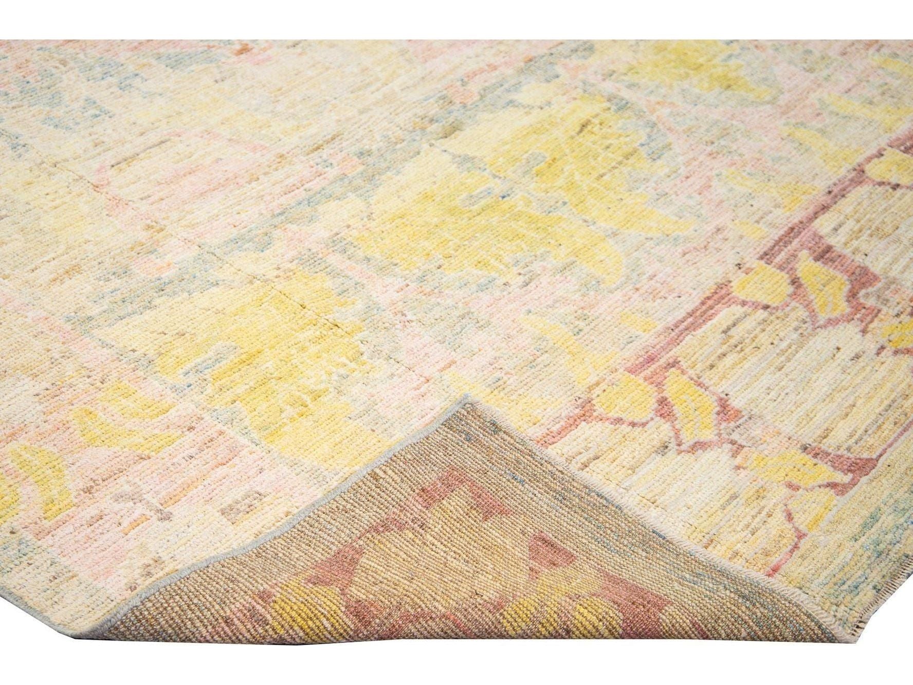 Modern Oushak Handmade Beige Floral Designed Wool Rug