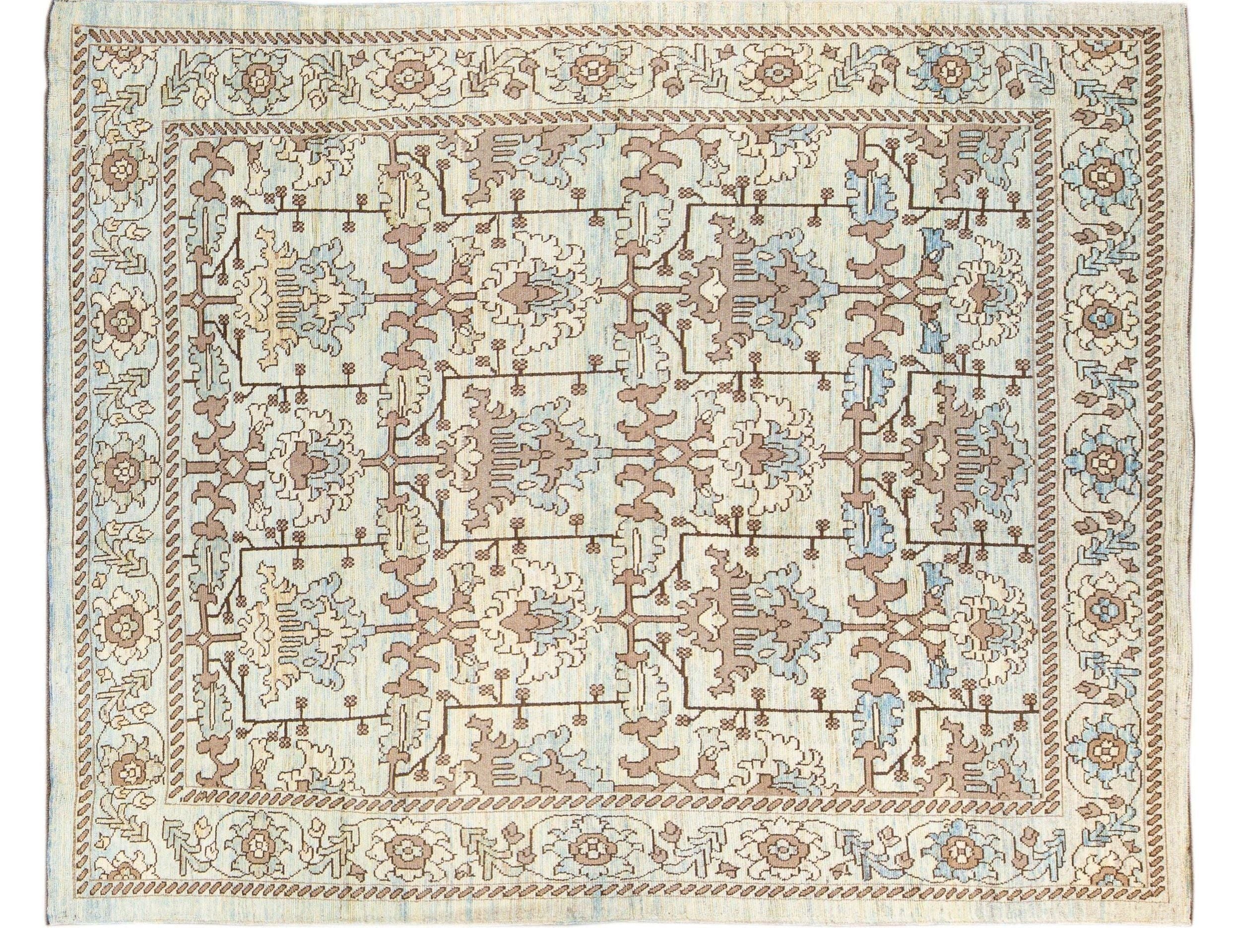 Modern Oushak Handmade Floral Pattern Beige and Blue Wool Rug