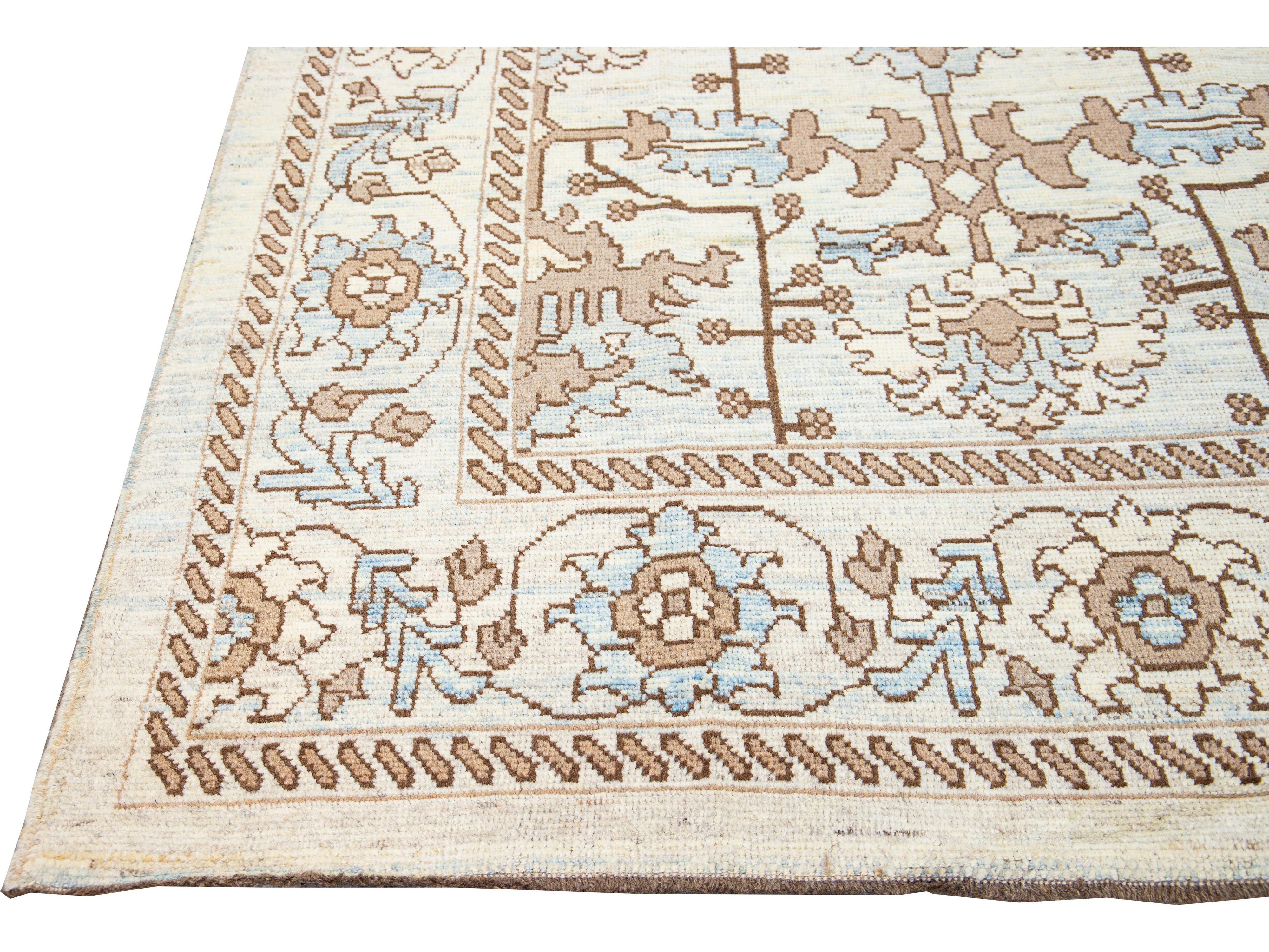 Modern Oushak Handmade Floral Pattern Beige and Blue Wool Rug