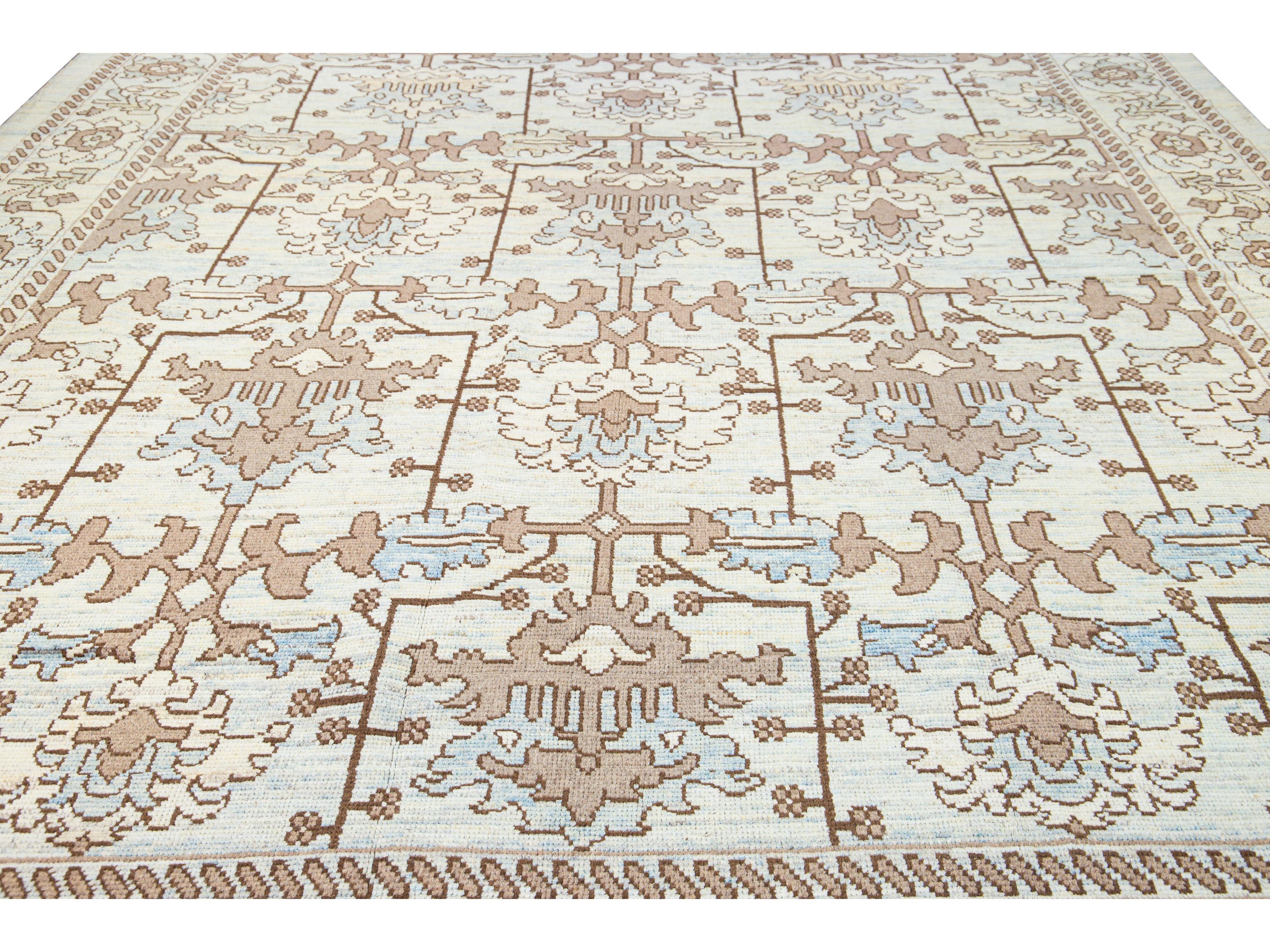 Modern Oushak Handmade Floral Pattern Beige and Blue Wool Rug
