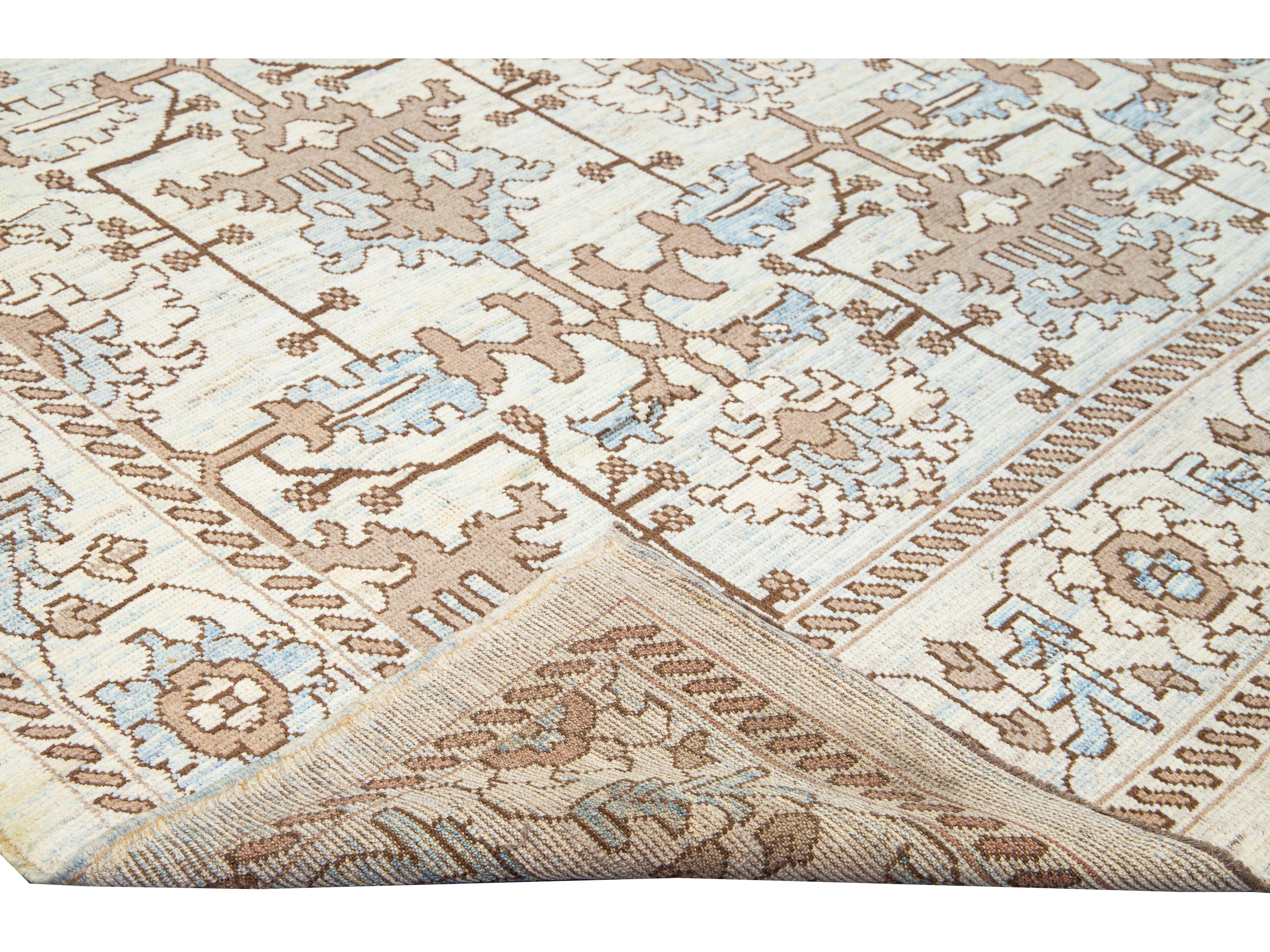 Modern Oushak Handmade Floral Pattern Beige and Blue Wool Rug