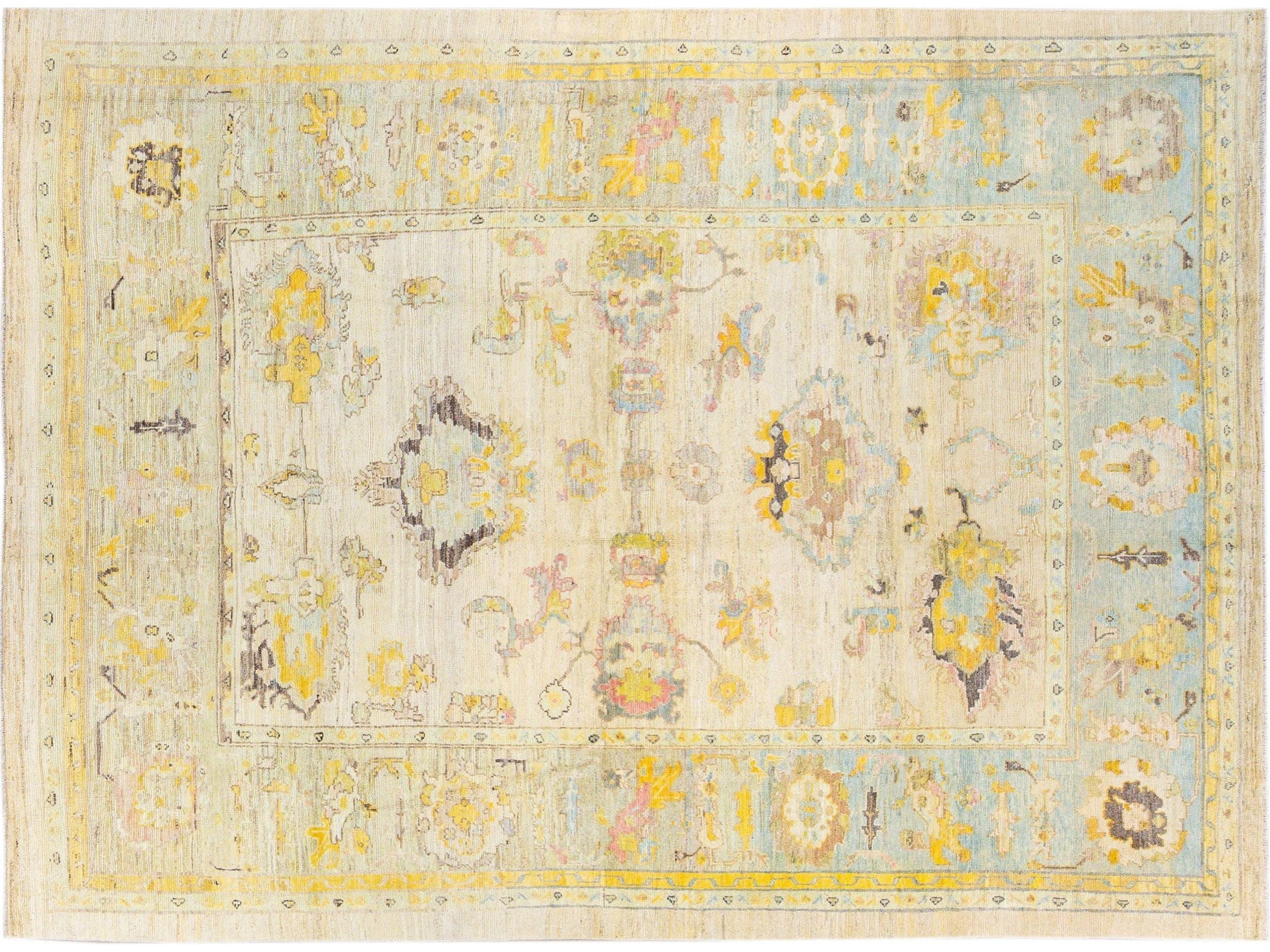 Modern Oushak Handmade Floral Yellow Wool Rug