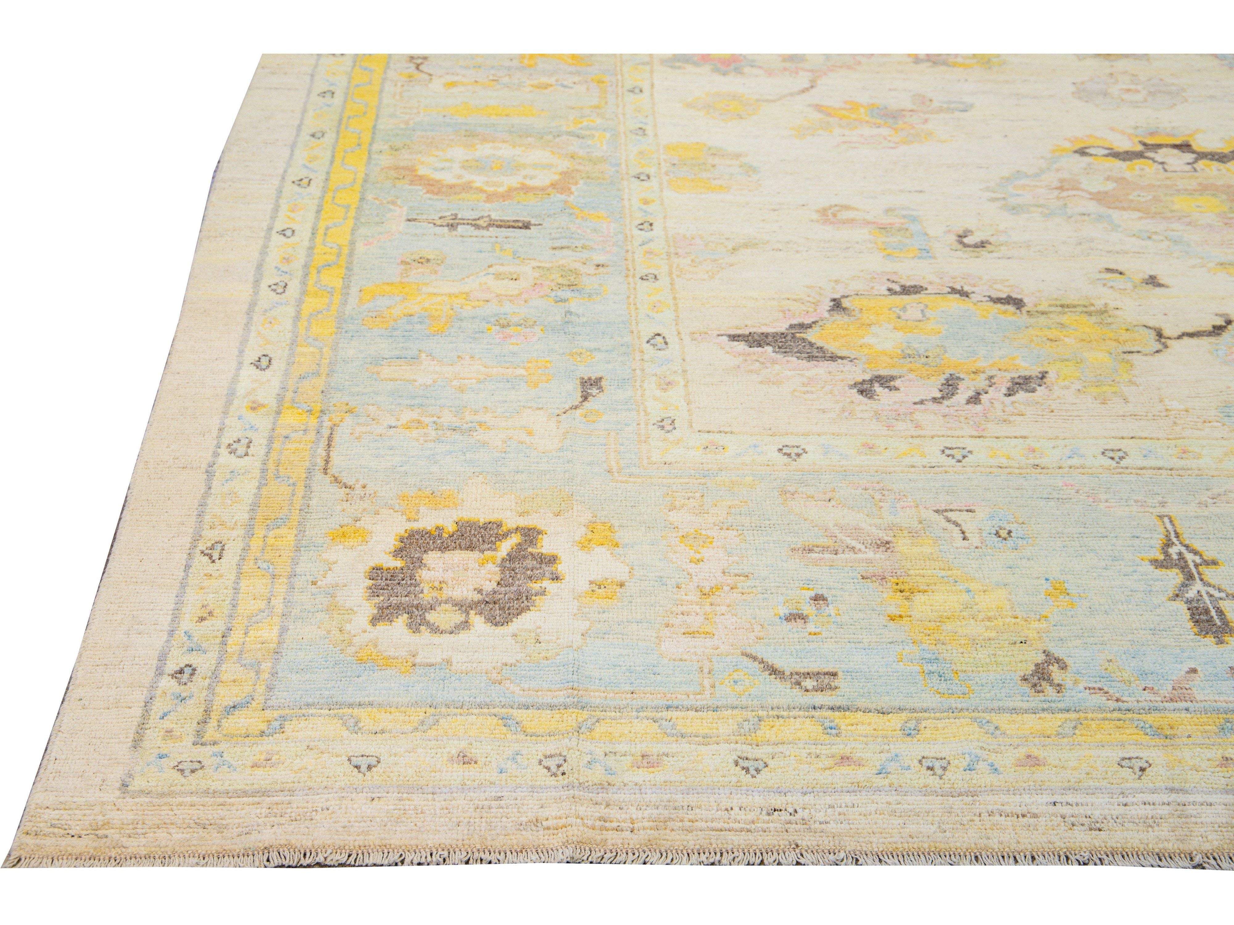 Modern Oushak Handmade Floral Yellow Wool Rug