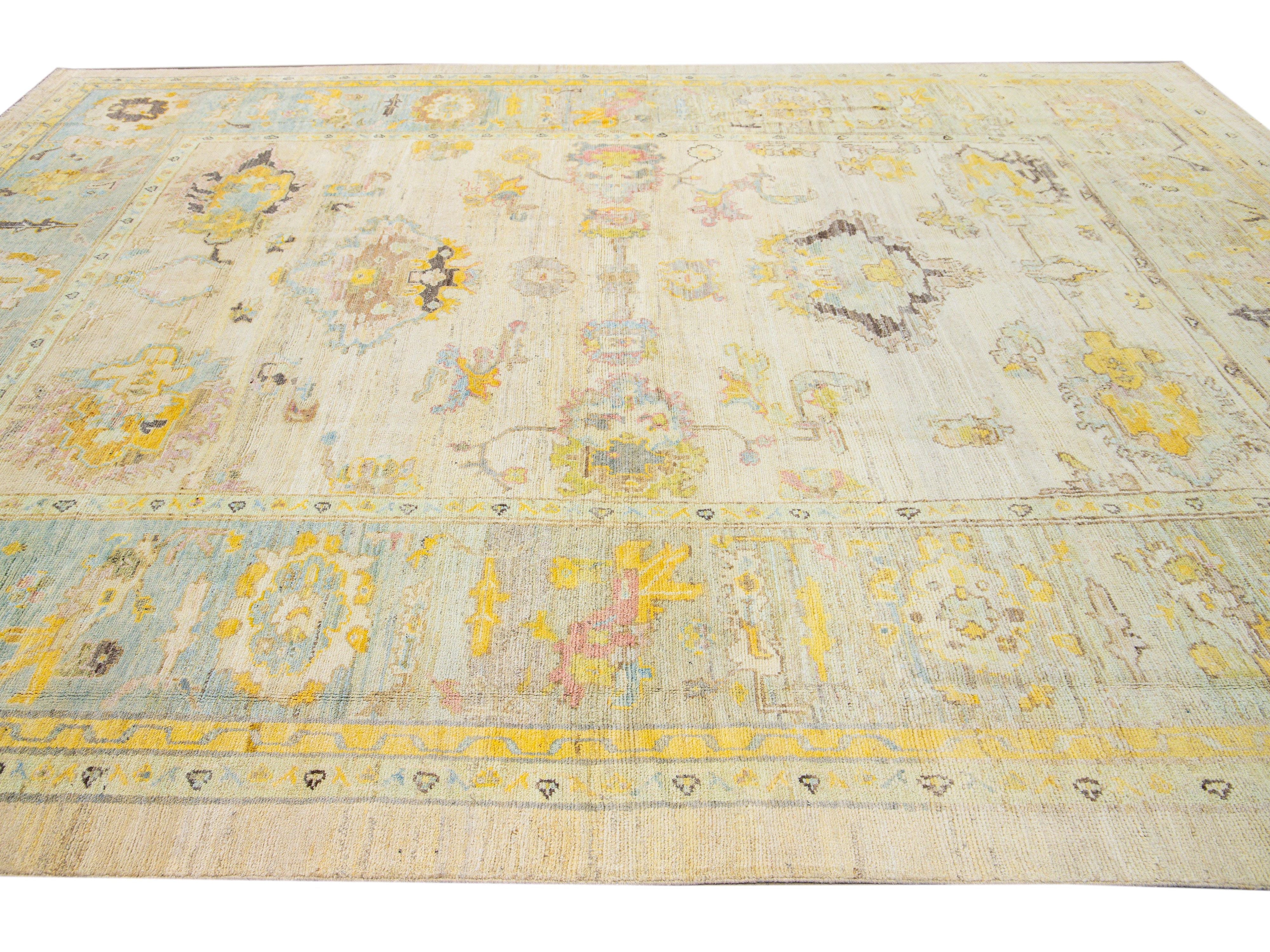 Modern Oushak Handmade Floral Yellow Wool Rug