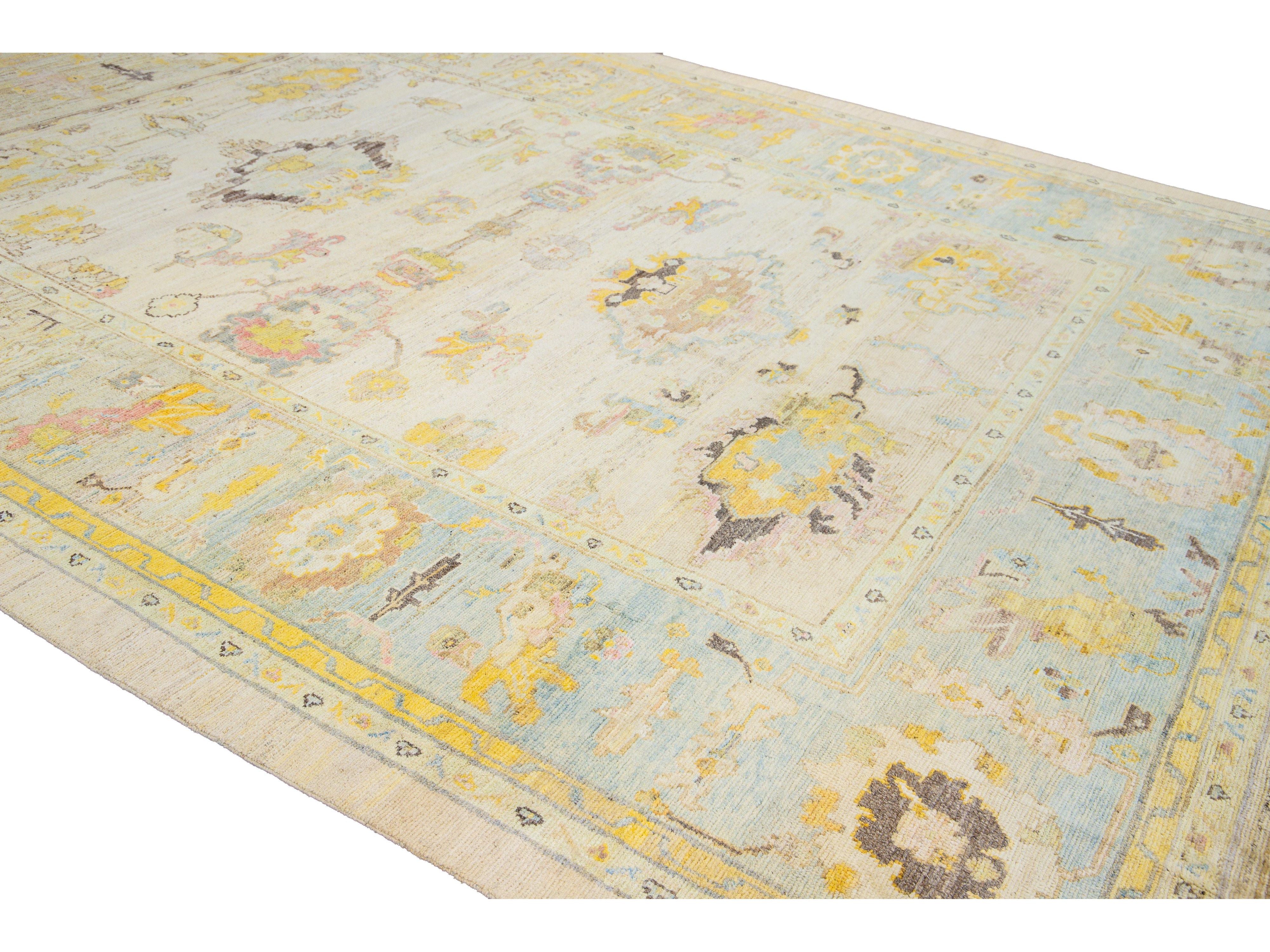 Modern Oushak Handmade Floral Yellow Wool Rug