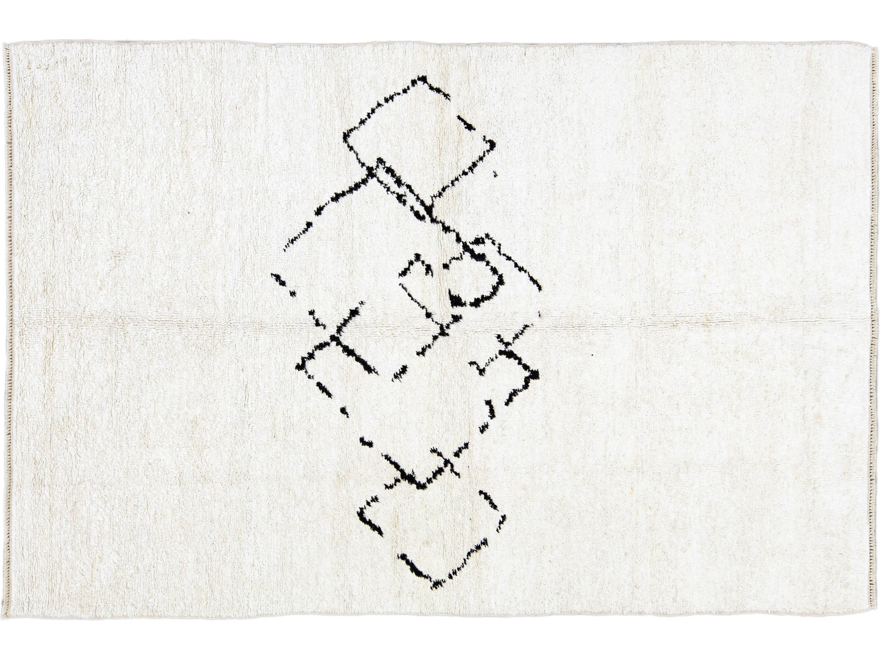 Ivory Modern Moroccan Handmade Minimalism Center Design Wool Rug