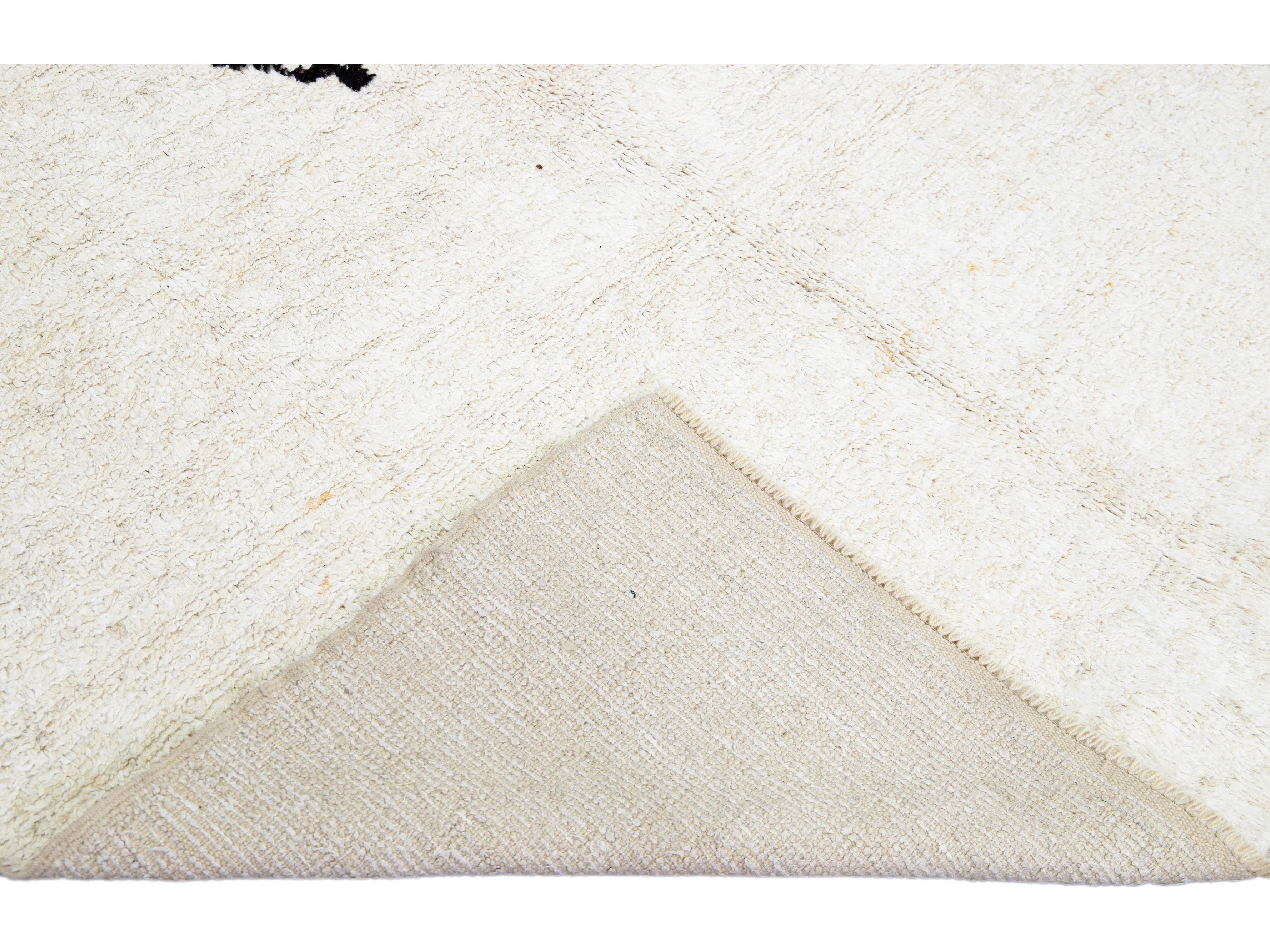 Ivory Modern Moroccan Handmade Minimalism Center Design Wool Rug
