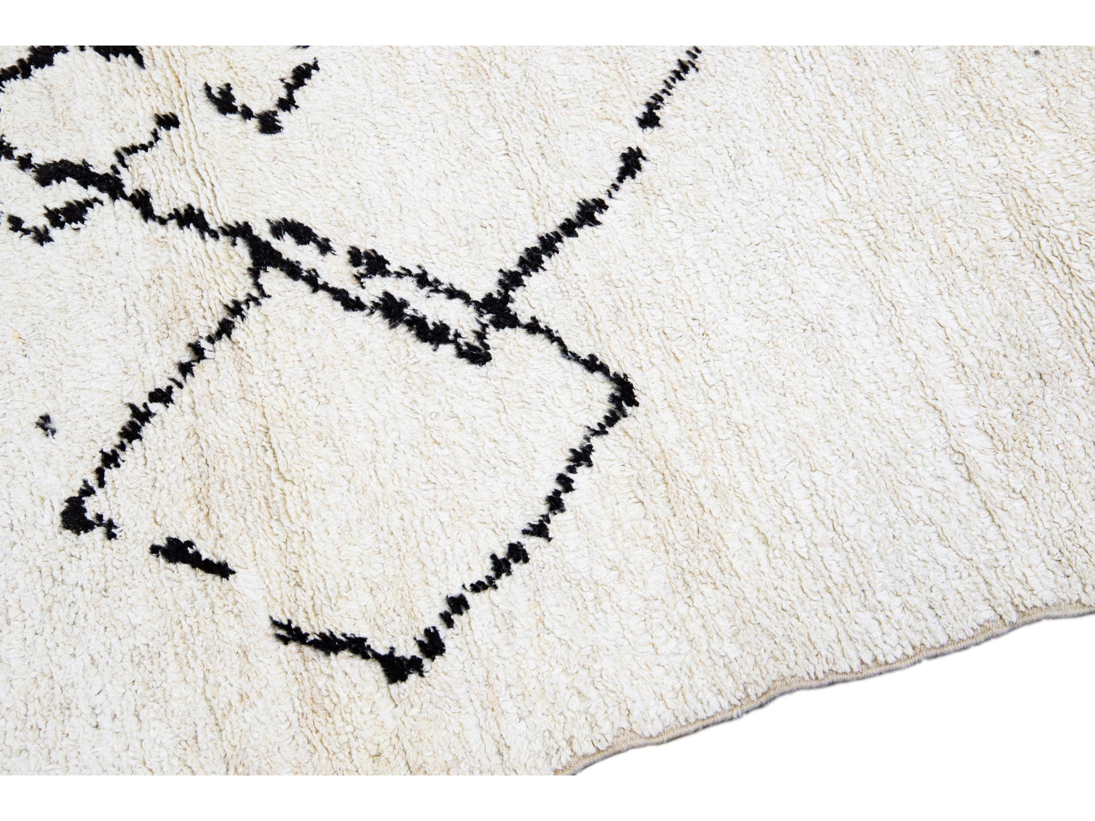 Ivory Modern Moroccan Handmade Minimalism Center Design Wool Rug