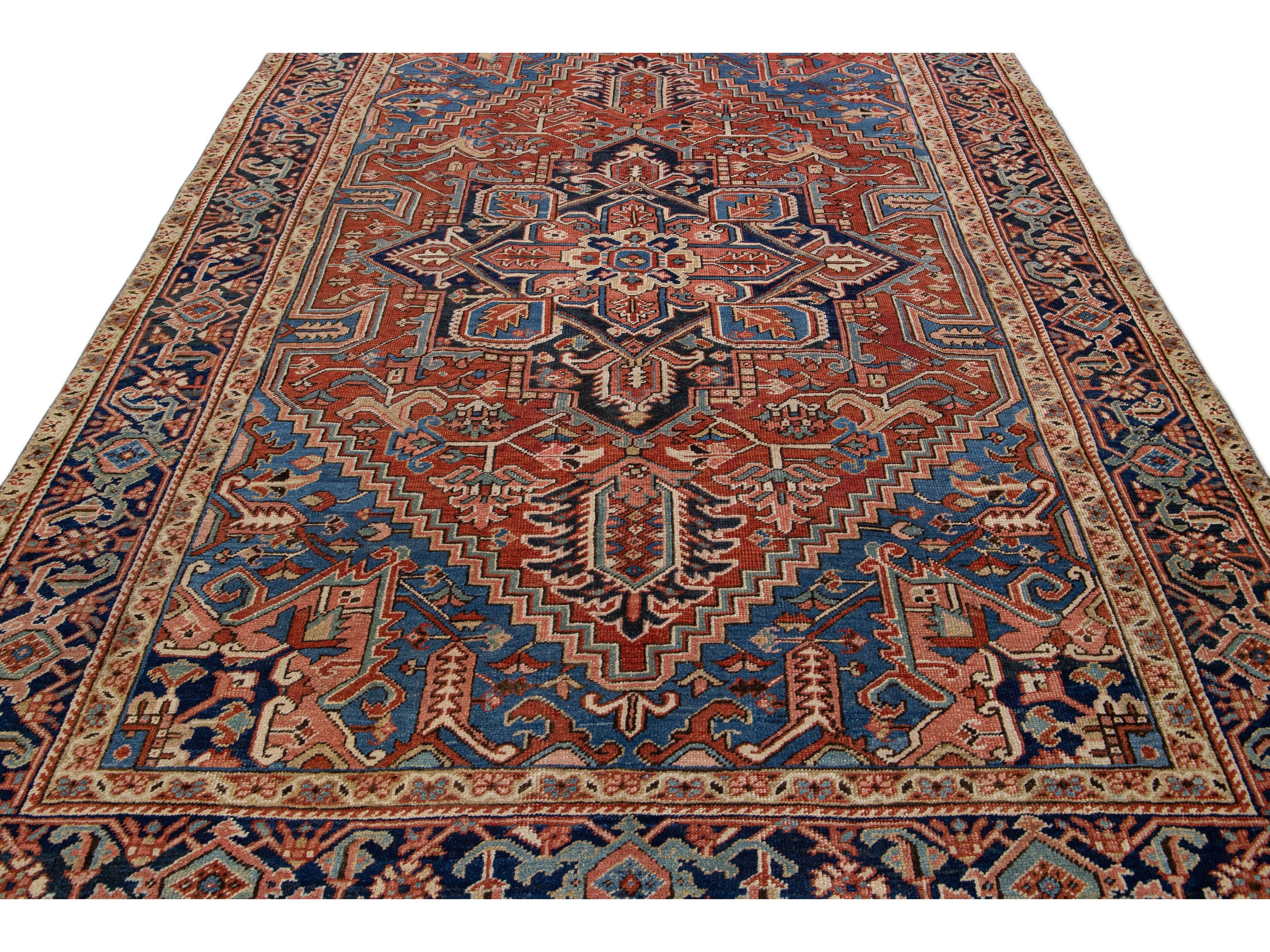 Rust Antique Persian Heriz Handmade Wool Rug with Medallion Design