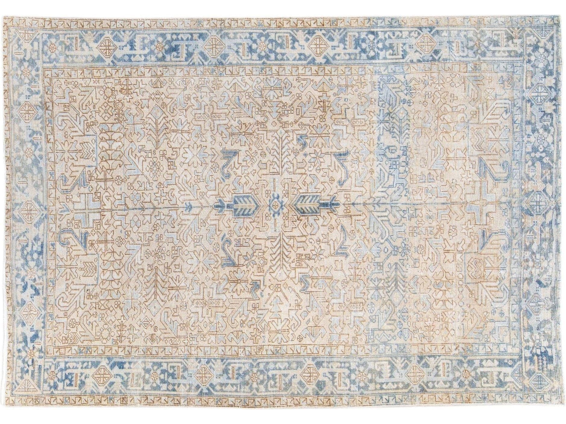 Antique Persian Heriz Handmade Geometric Beige and Blue Wool Rug