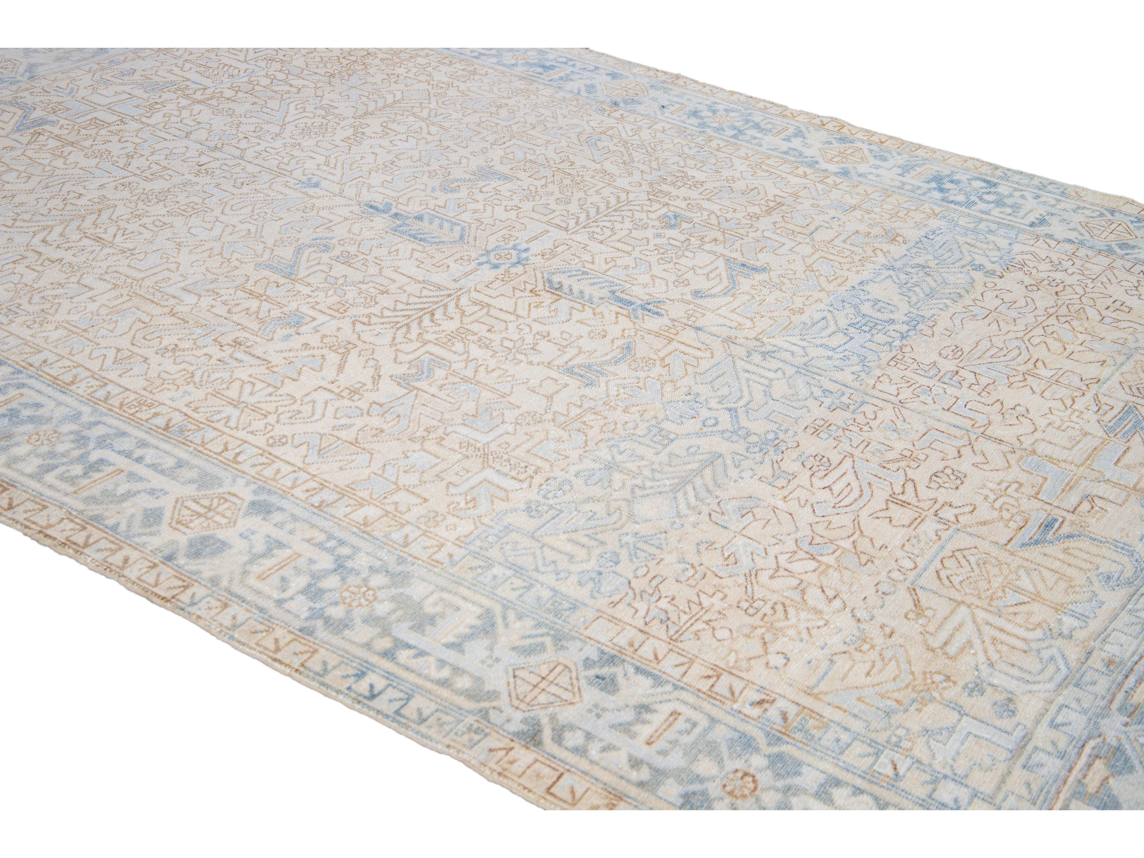 Antique Persian Heriz Handmade Geometric Beige and Blue Wool Rug