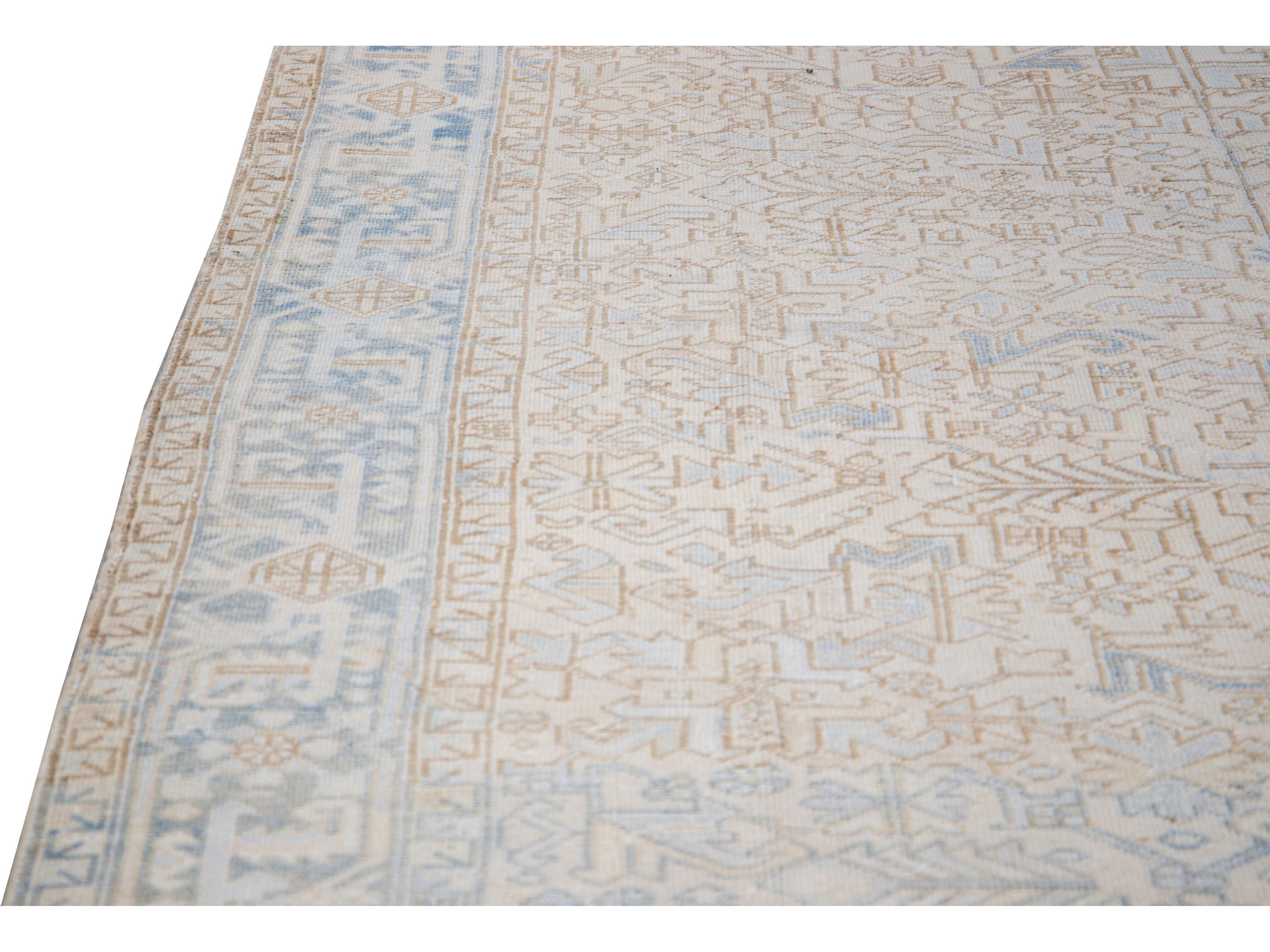 Antique Persian Heriz Handmade Geometric Beige and Blue Wool Rug