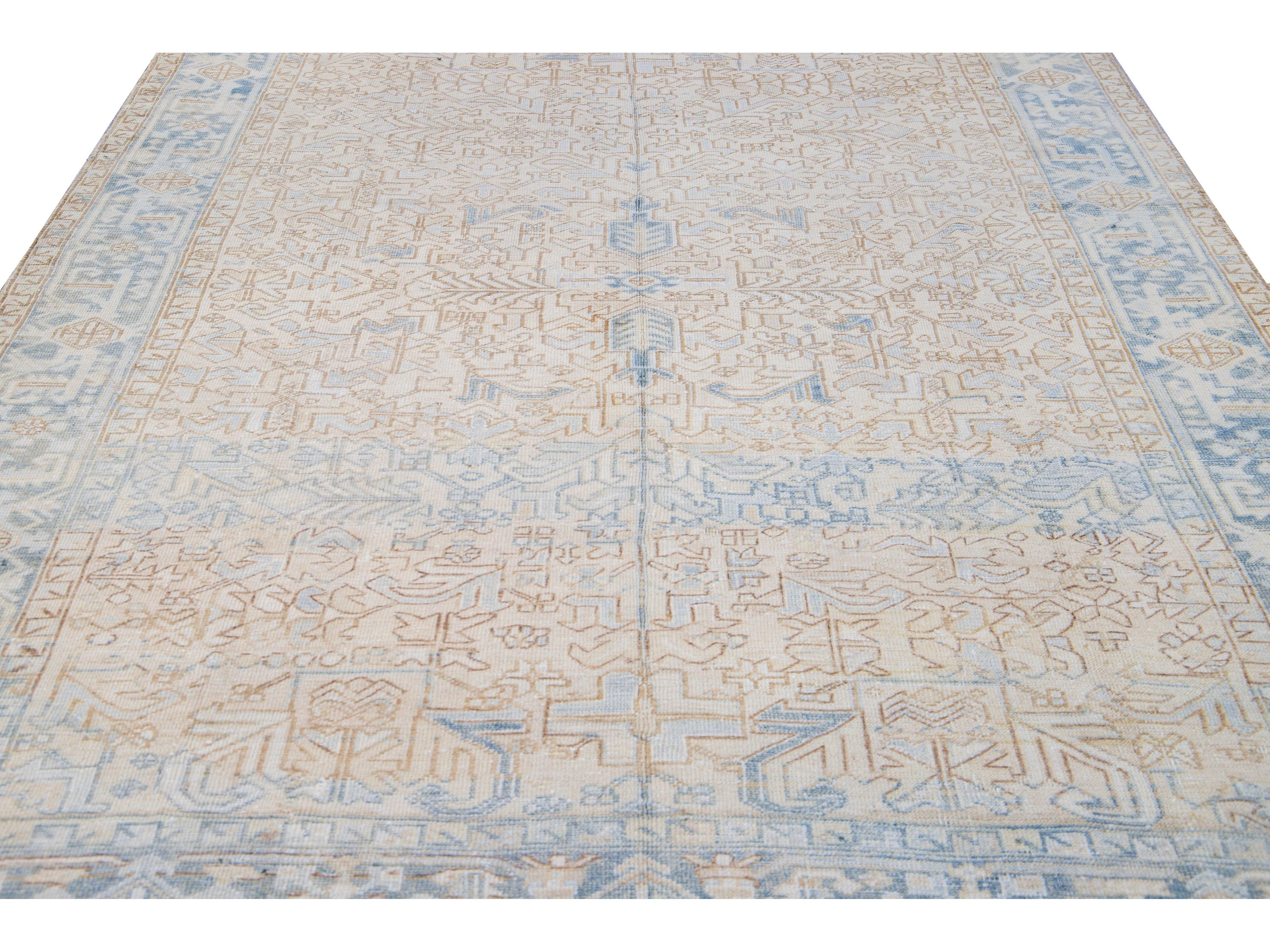 Antique Persian Heriz Handmade Geometric Beige and Blue Wool Rug