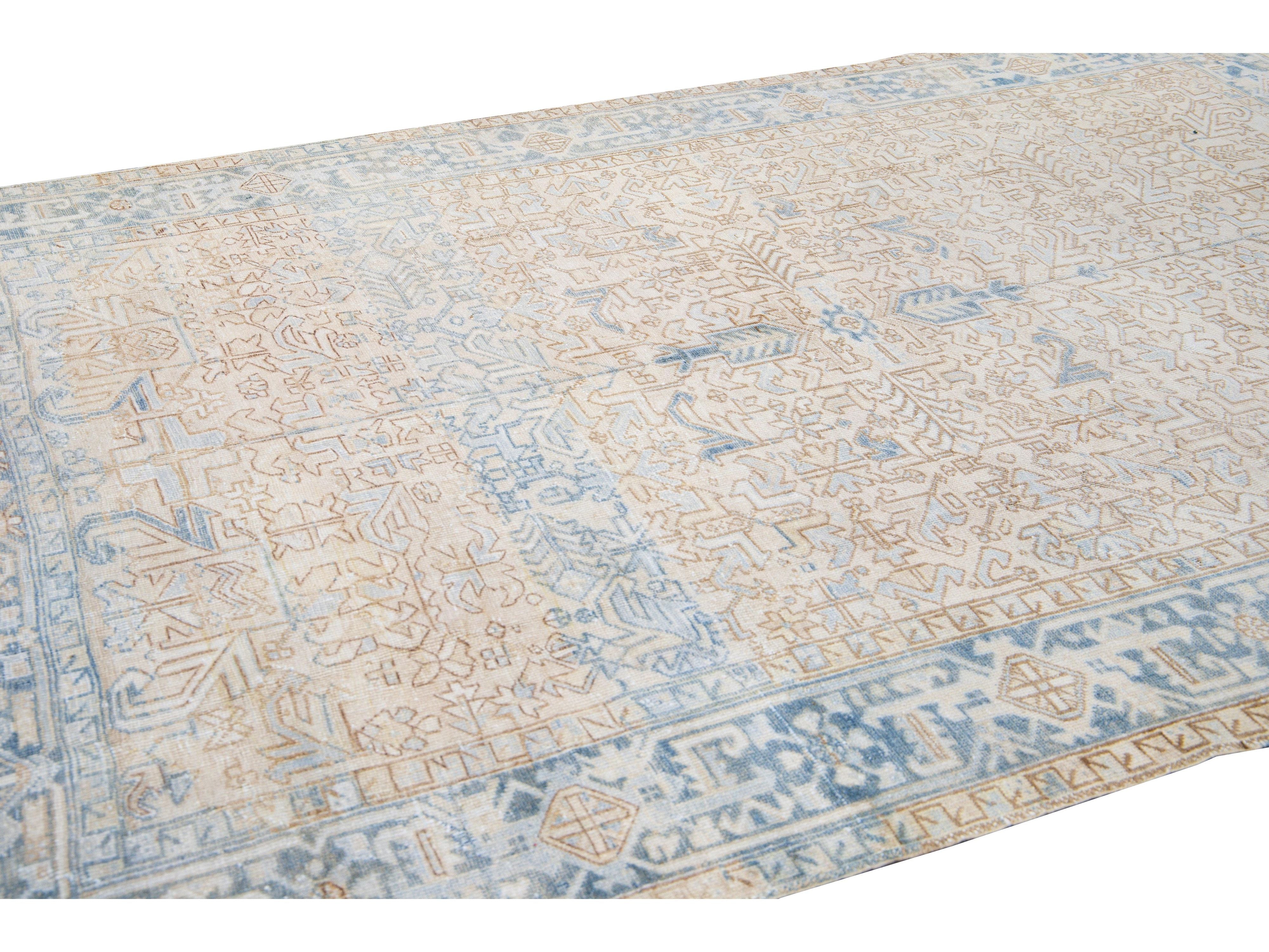 Antique Persian Heriz Handmade Geometric Beige and Blue Wool Rug