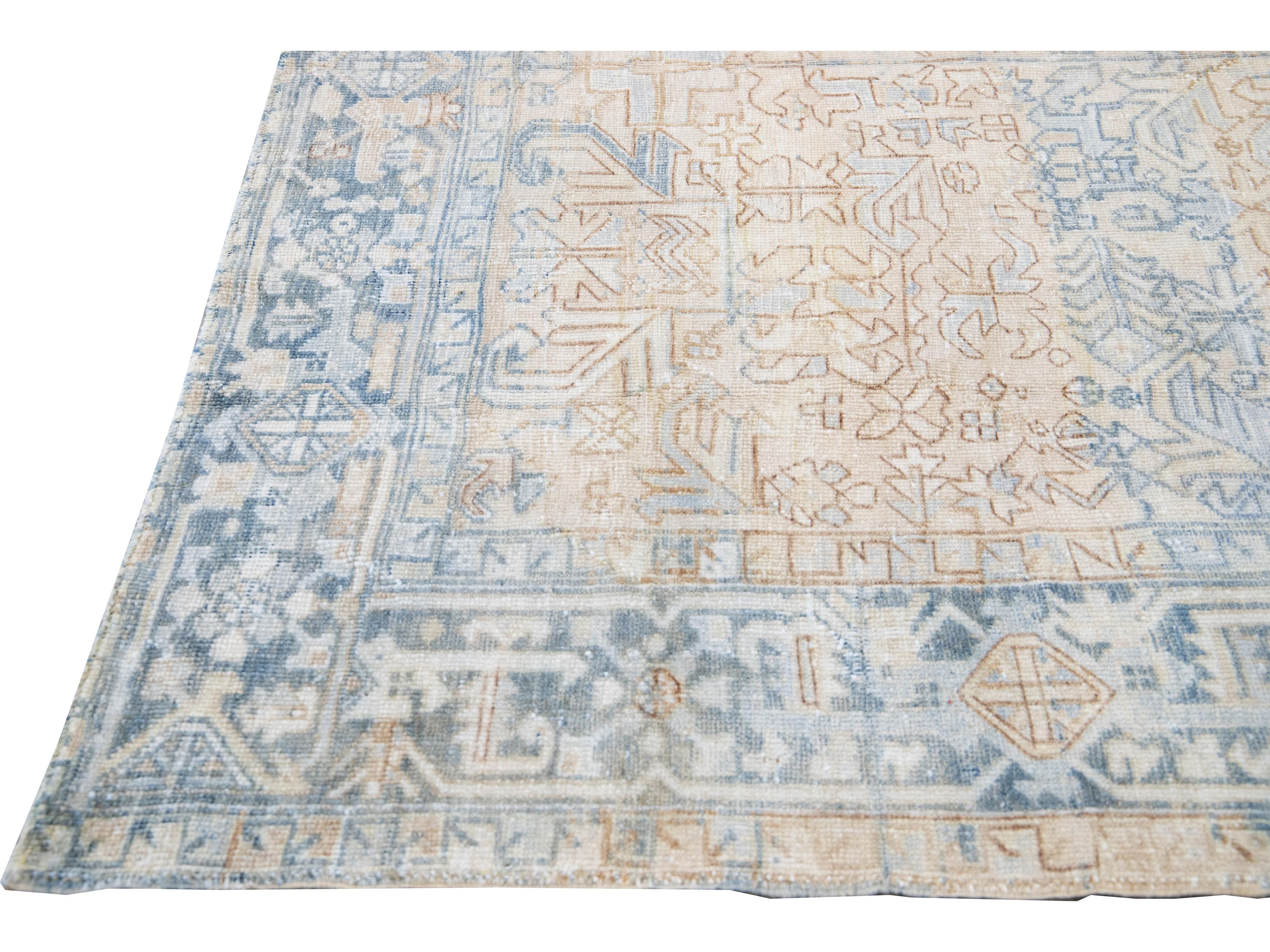 Antique Persian Heriz Handmade Geometric Beige and Blue Wool Rug
