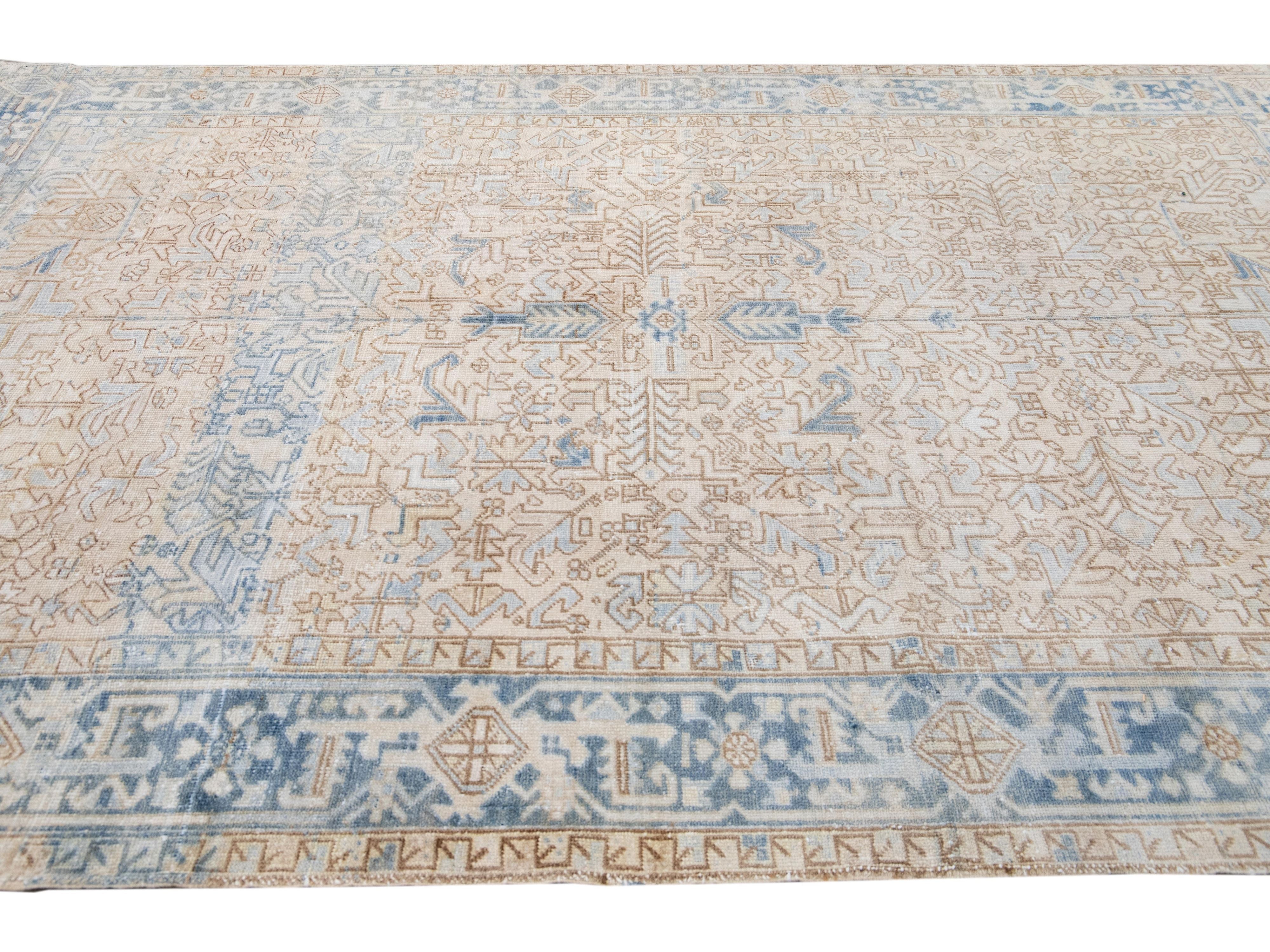 Antique Persian Heriz Handmade Geometric Beige and Blue Wool Rug