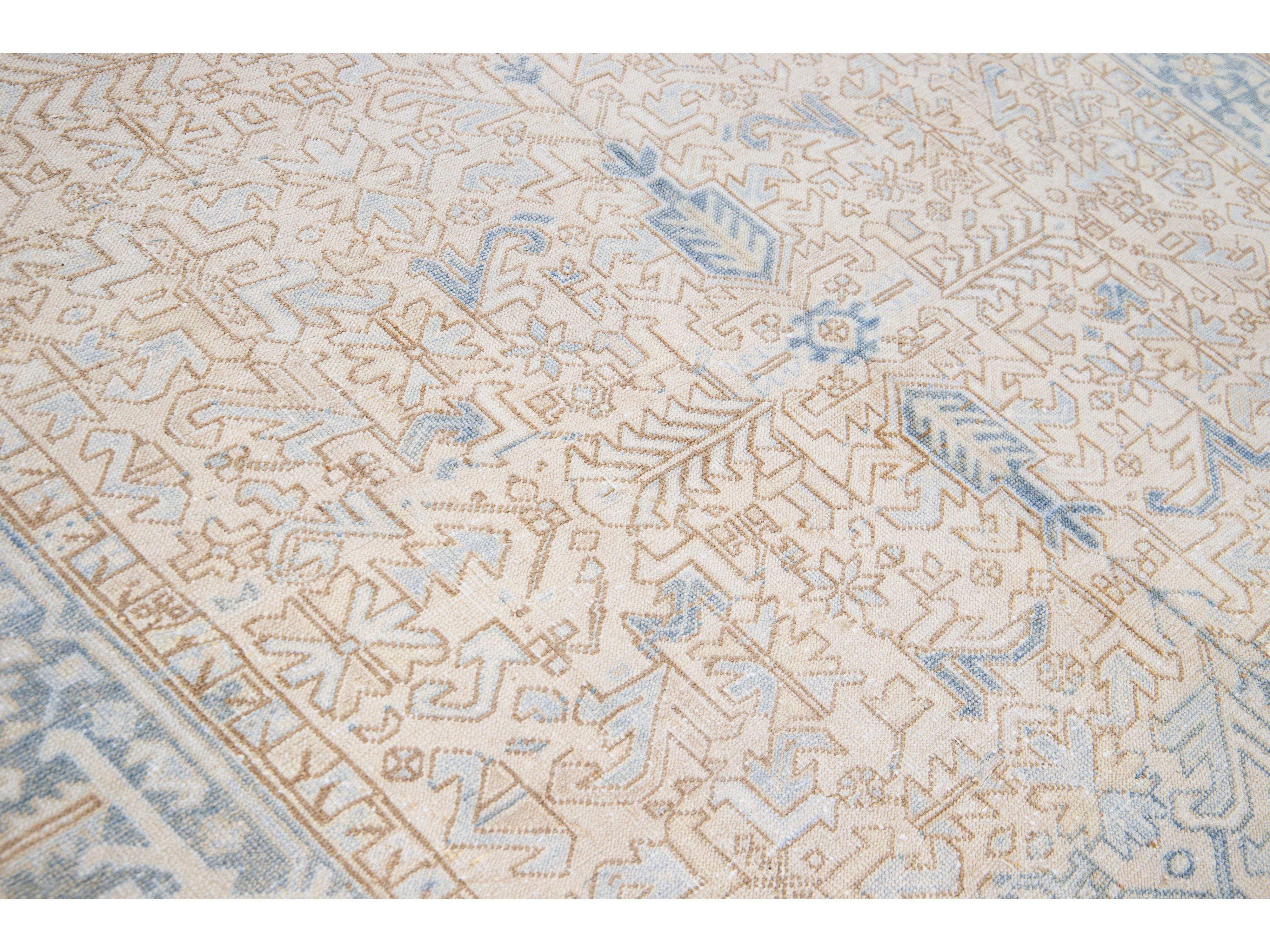 Antique Persian Heriz Handmade Geometric Beige and Blue Wool Rug