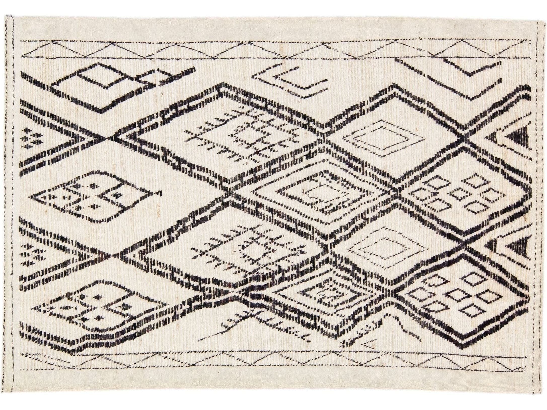 Ivory Modern Moroccan Style Handmade Tribal Pattern Wool Rug