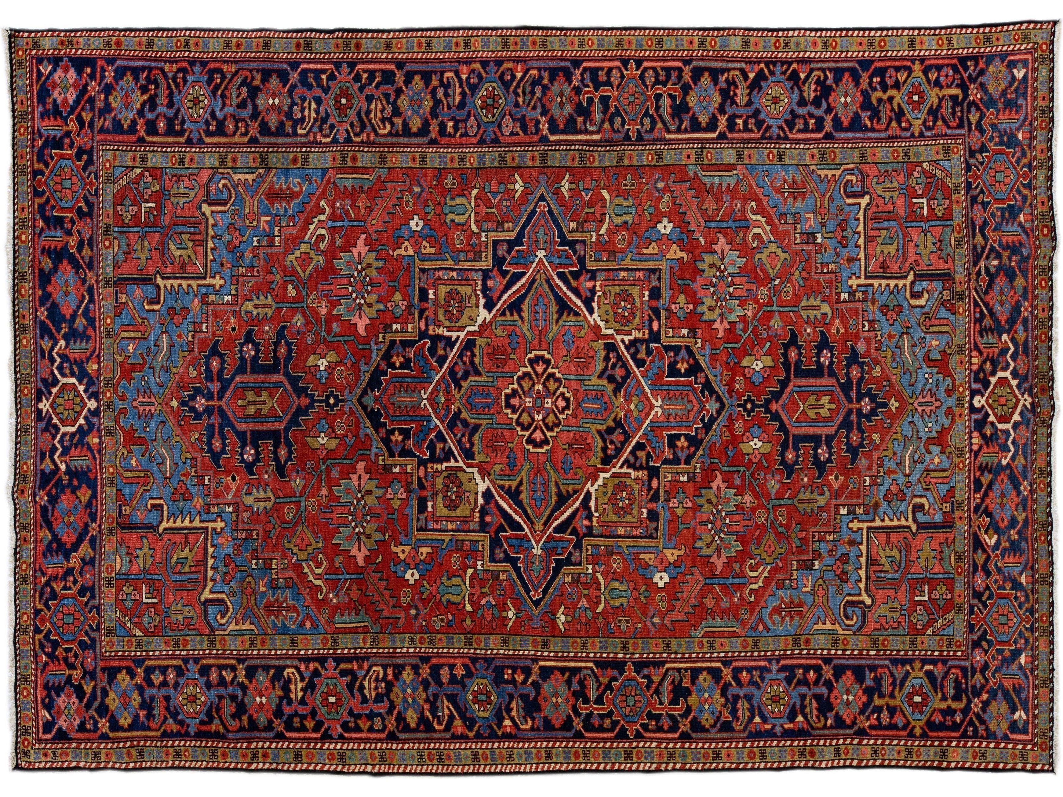 Red Antique Persian Heriz Handmade Wool Rug With Medallion Design