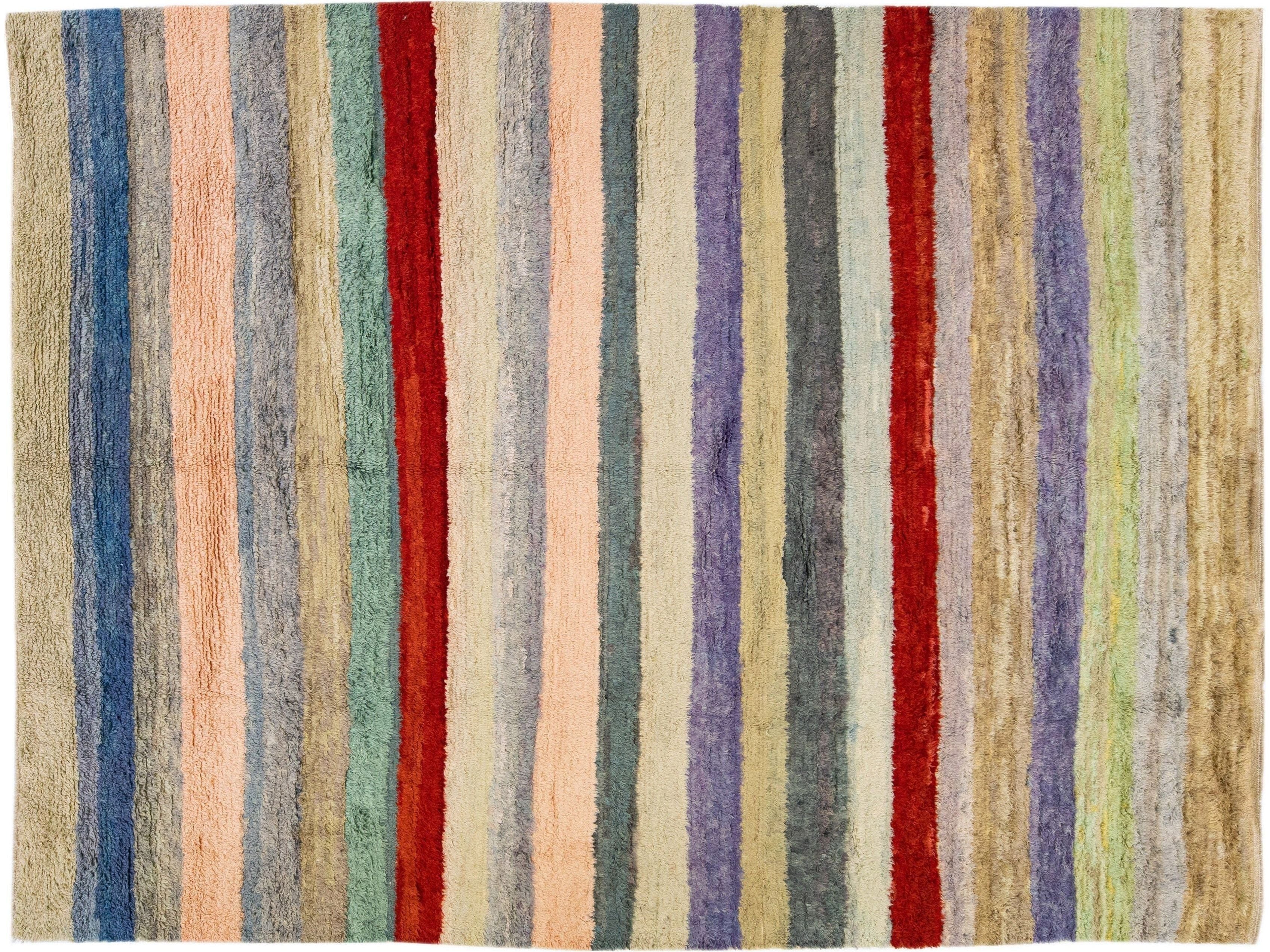 Multicolor Modern Tulu Handmade Turkish Wool Rug with Striped Design