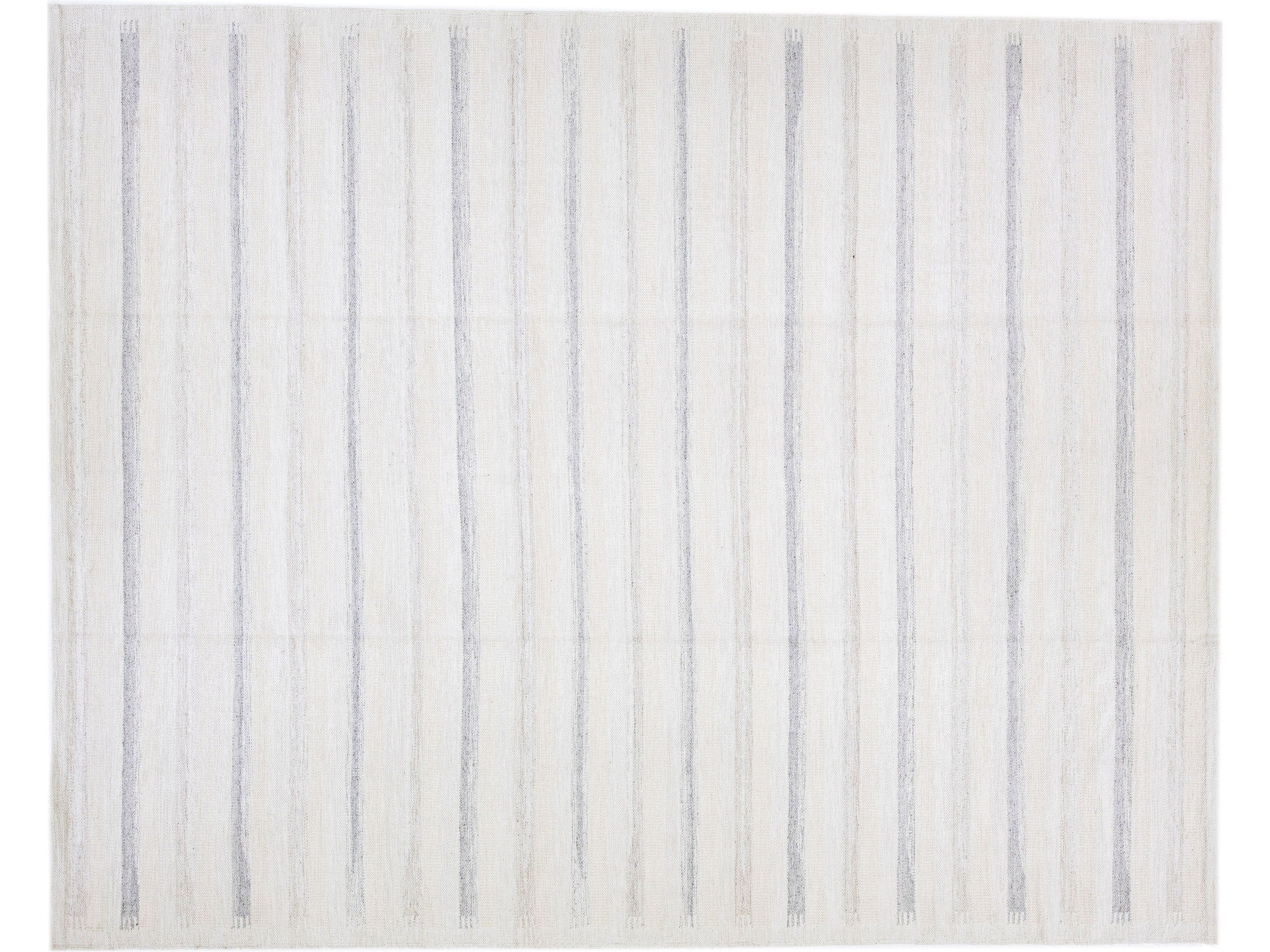 Modern Swedish Style Handmade Beige And Gray Wool Rug With Striped Design