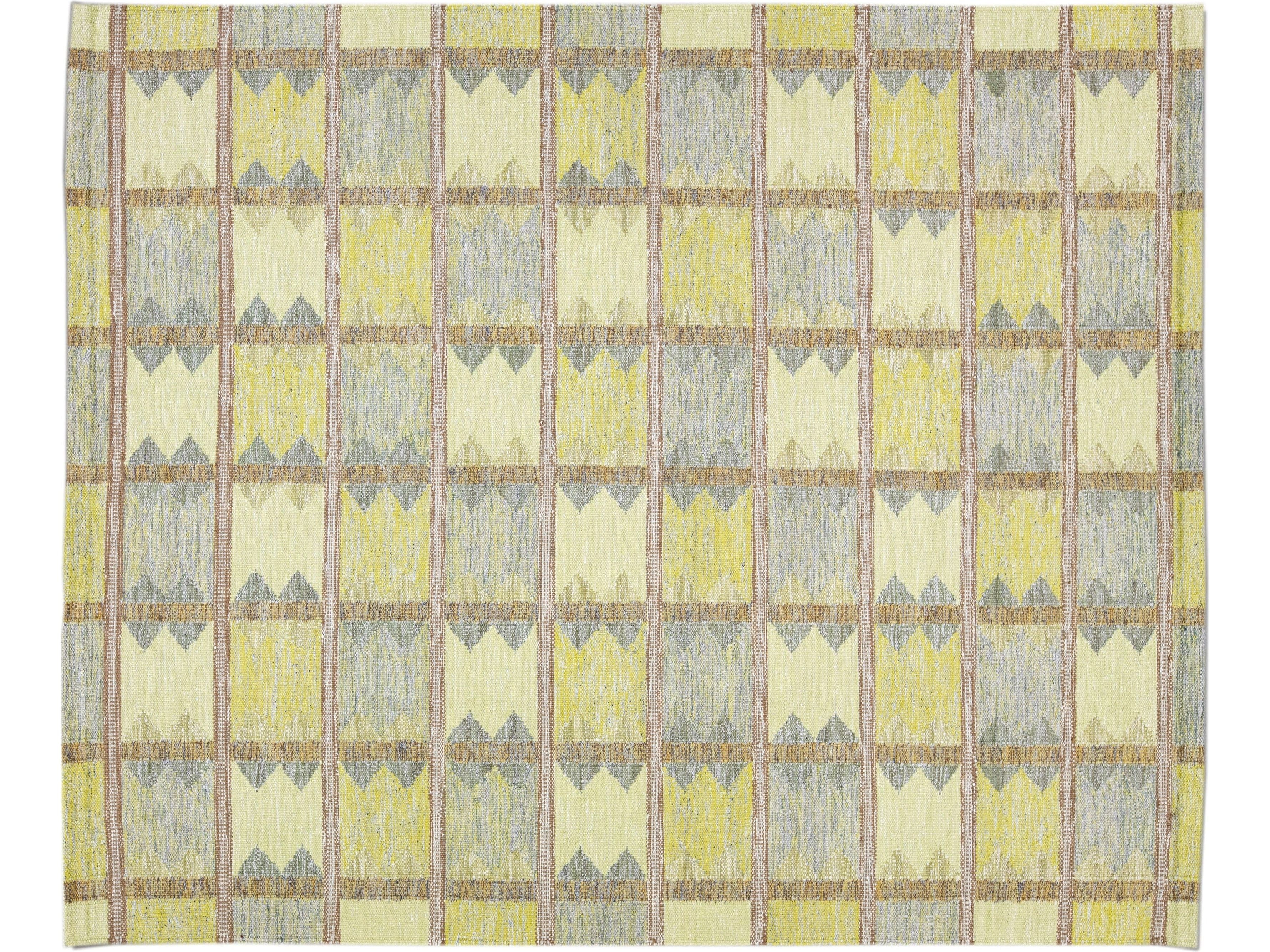 Modern Scandinavian Yellow and Gray Handmade Geometric Room SizeWool Rug