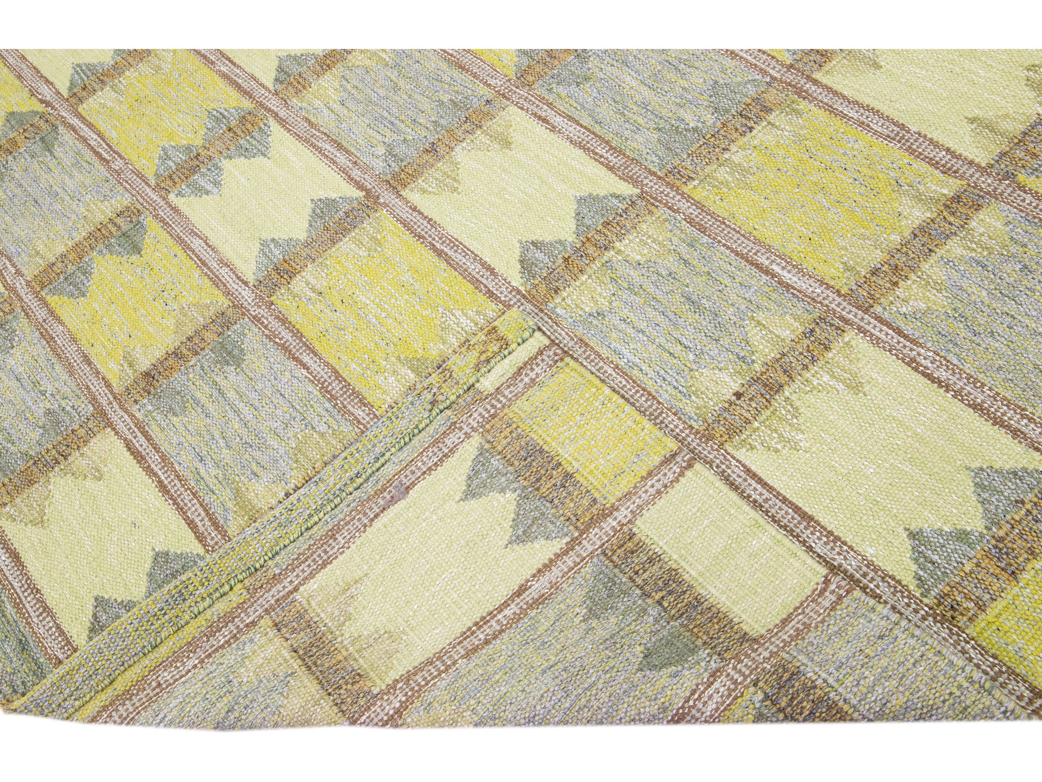 Modern Scandinavian Yellow and Gray Handmade Geometric Room SizeWool Rug