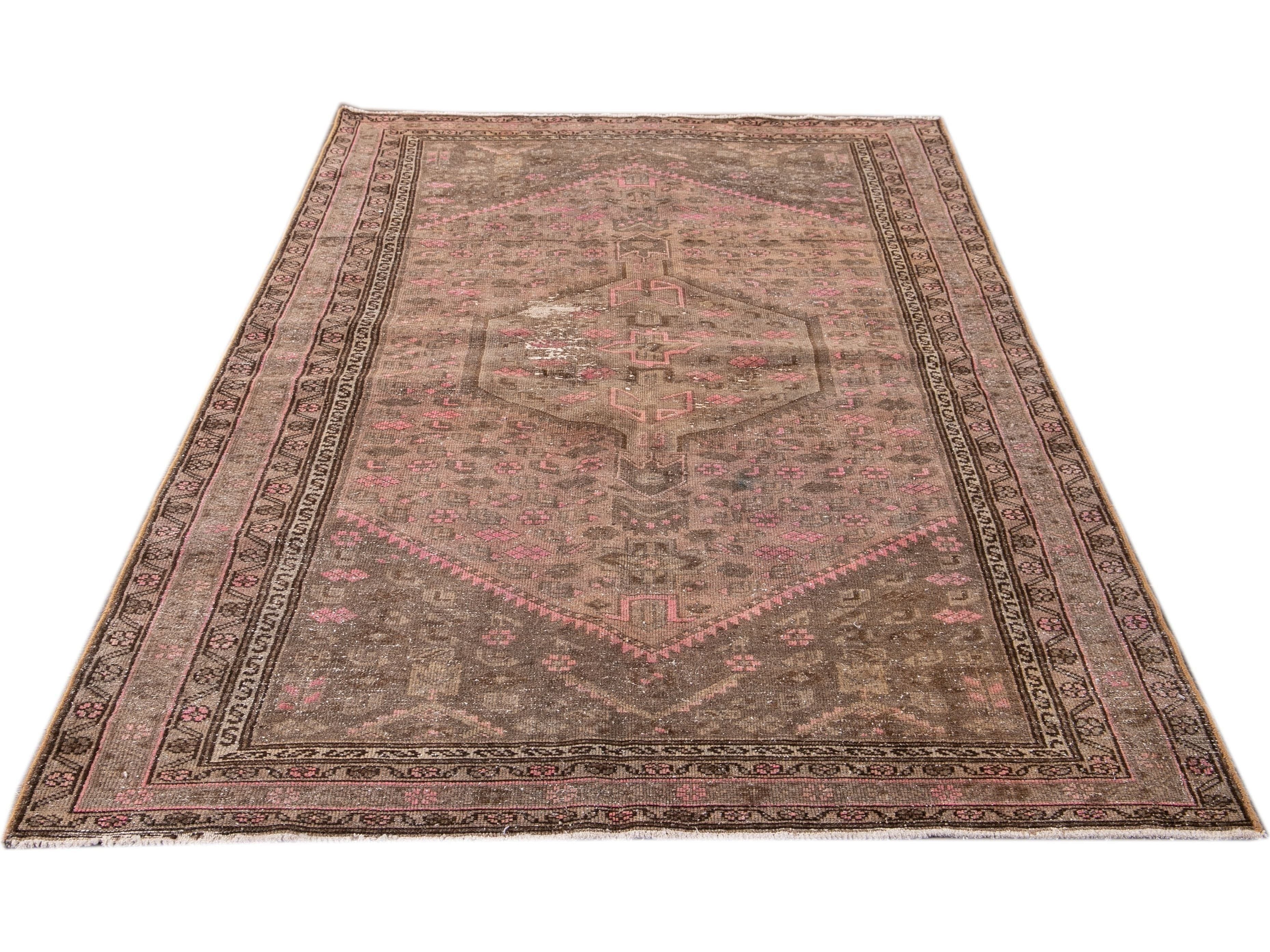Vintage Persian Distressed Brown and Pink Handmade Wool Rug