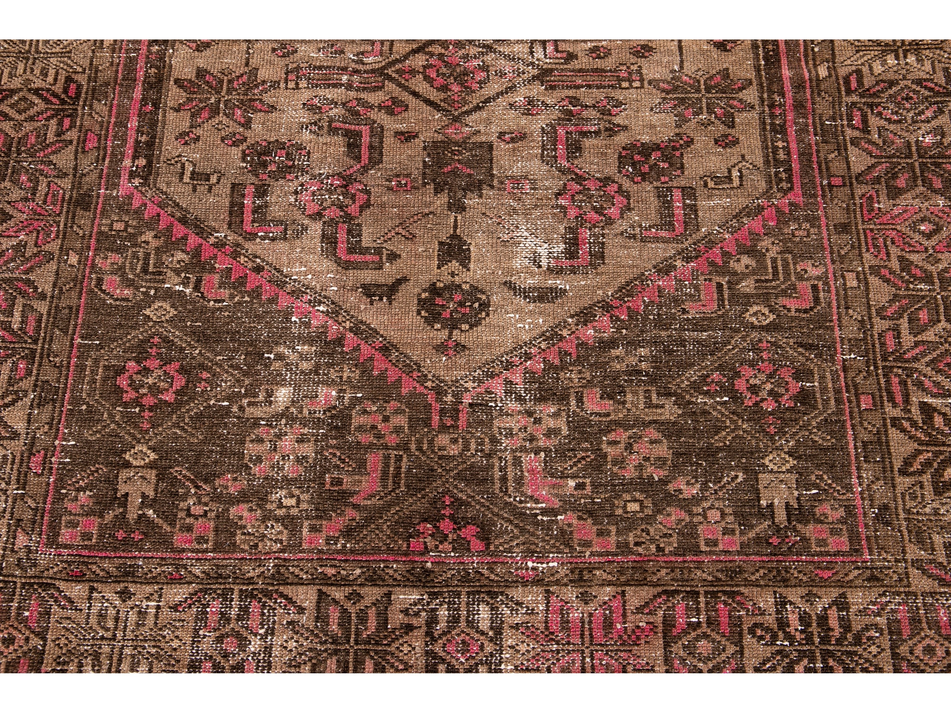 Vintage Shabby Chic Handmade Brown Geometric Wool Rug