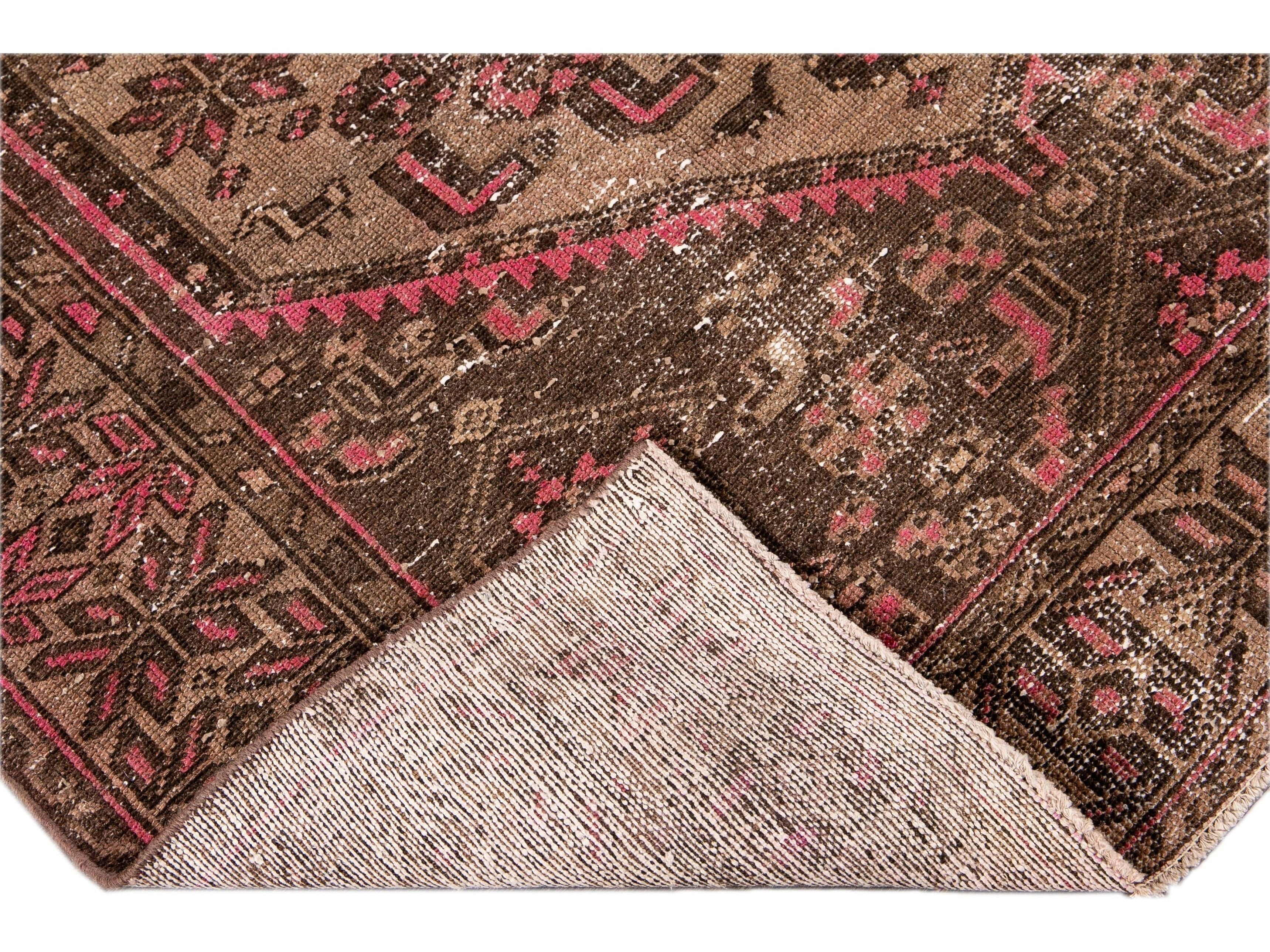 Vintage Shabby Chic Handmade Brown Geometric Wool Rug