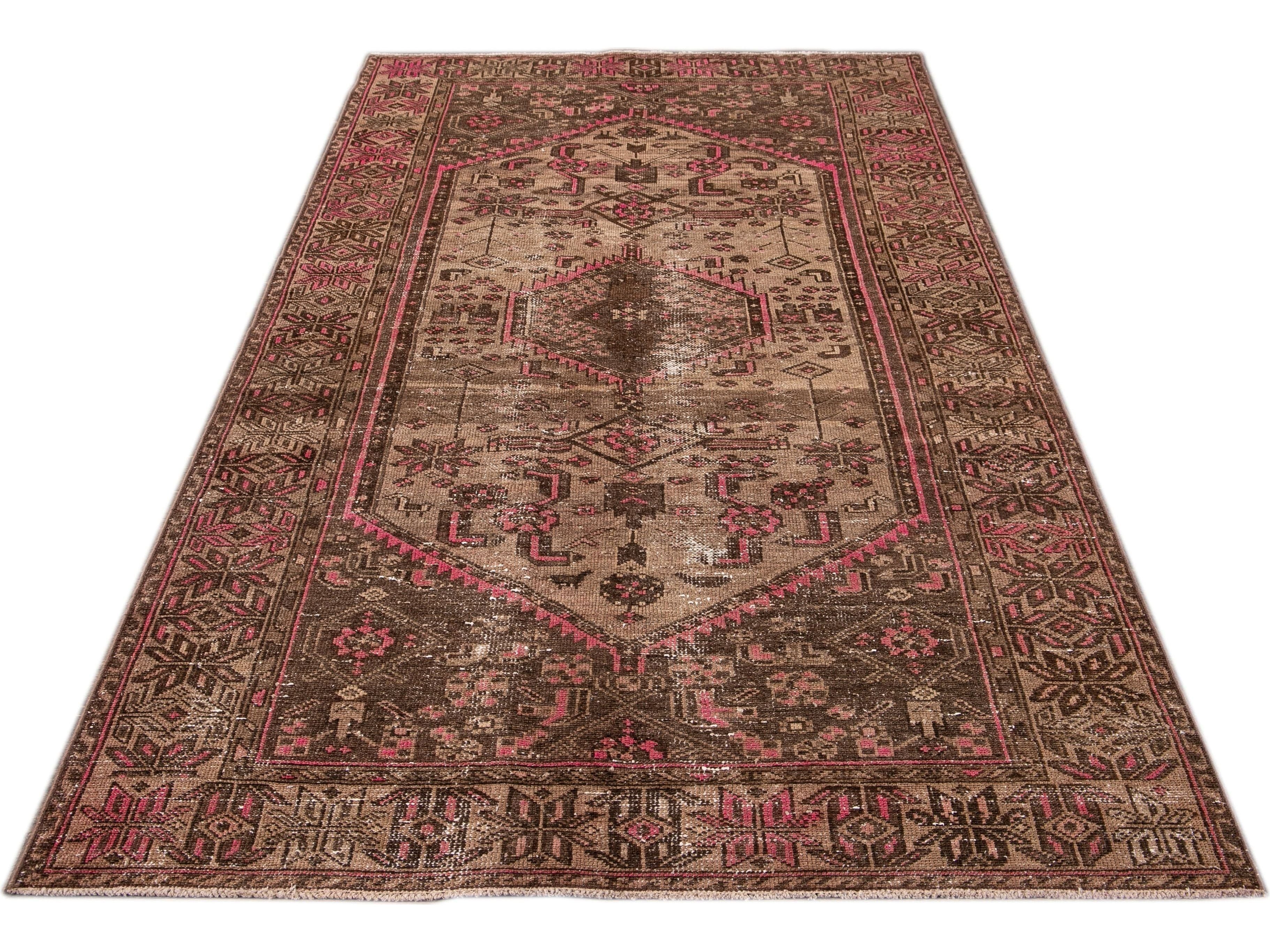Vintage Shabby Chic Handmade Brown Geometric Wool Rug