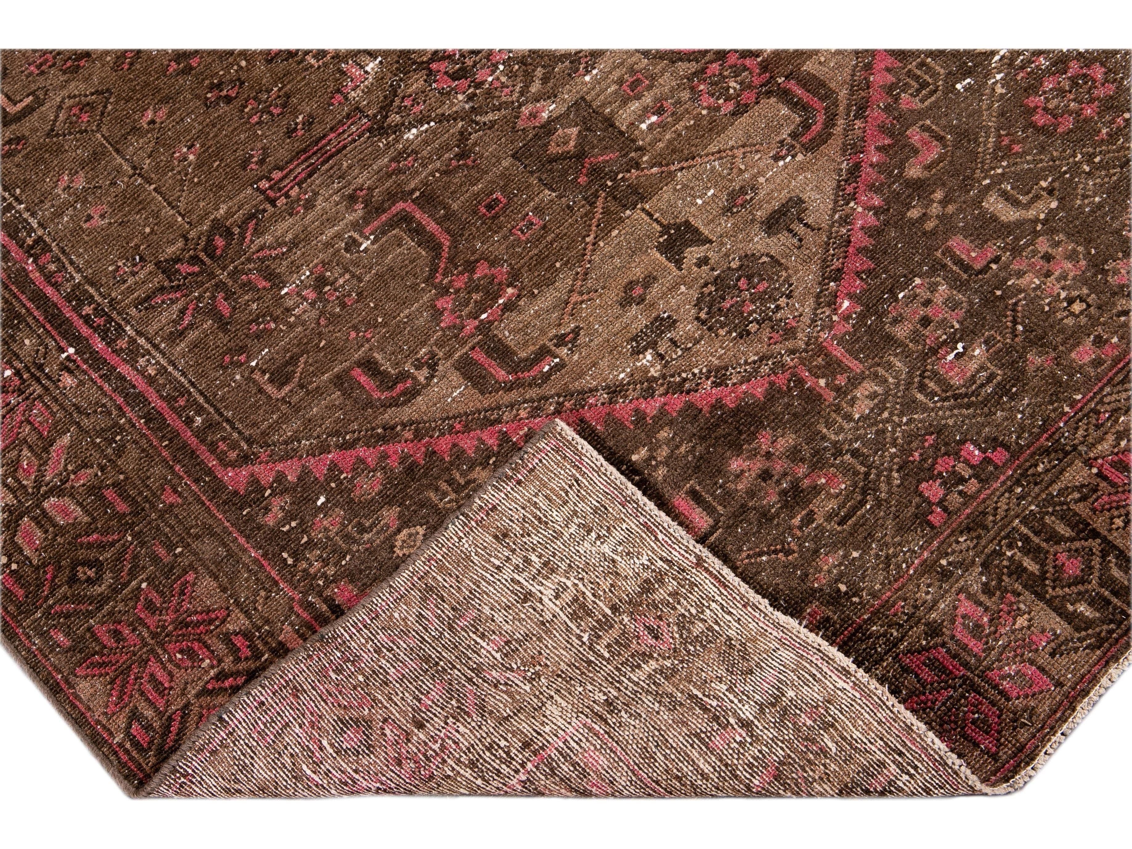 Vintage Persian Distressed Handmade Brown Wool Rug