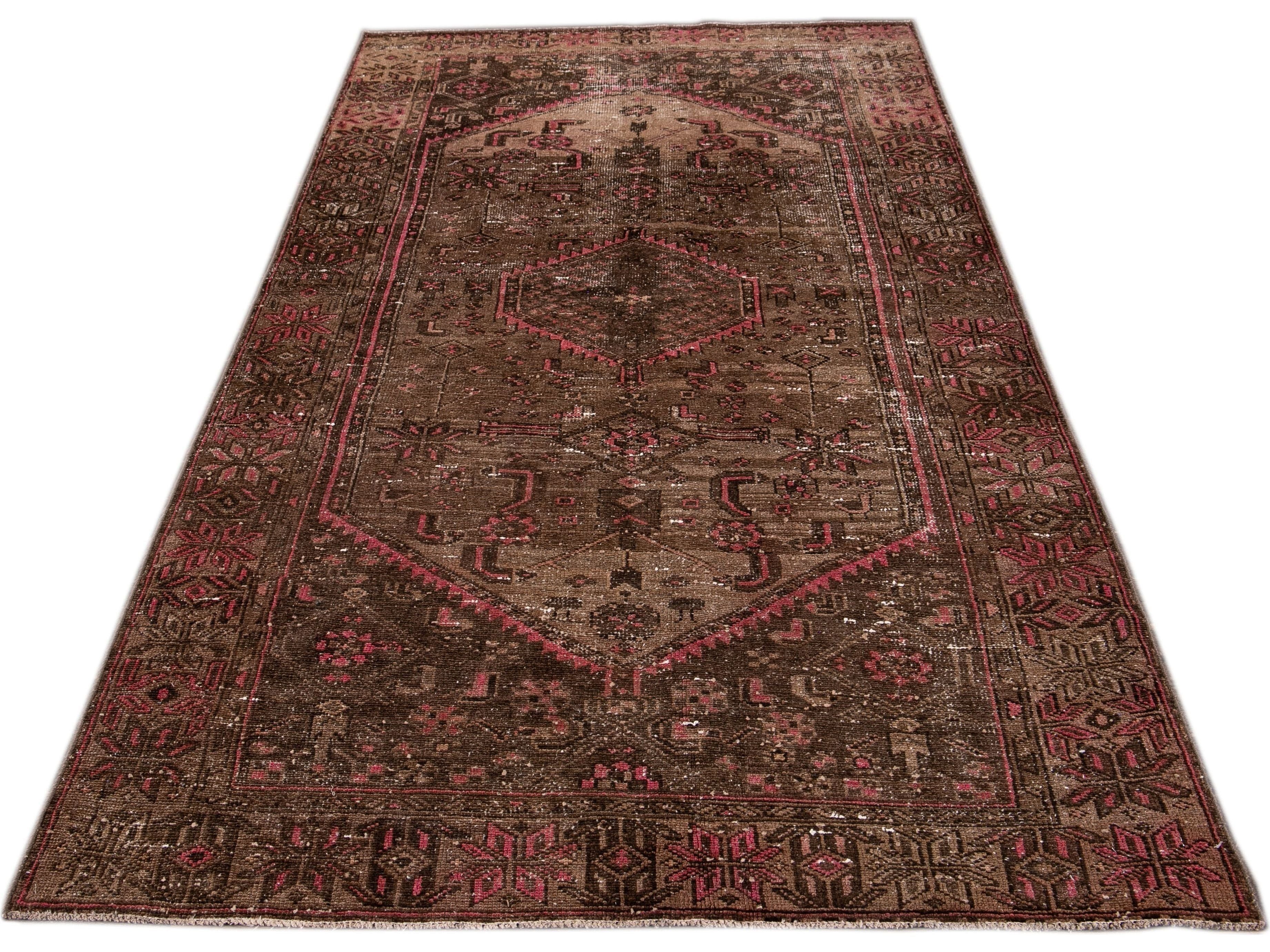 Vintage Persian Distressed Handmade Brown Wool Rug