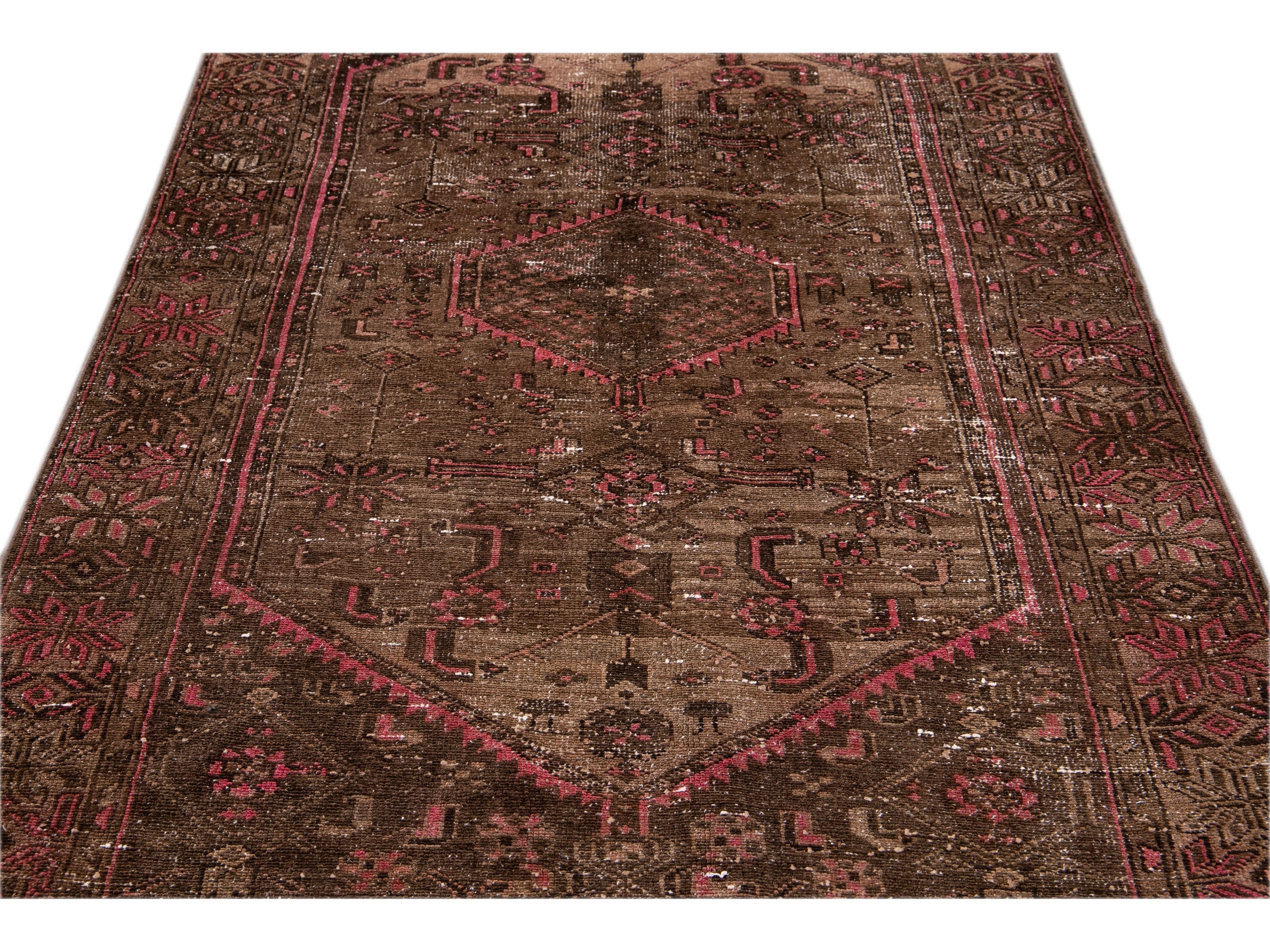 Vintage Persian Distressed Handmade Brown Wool Rug