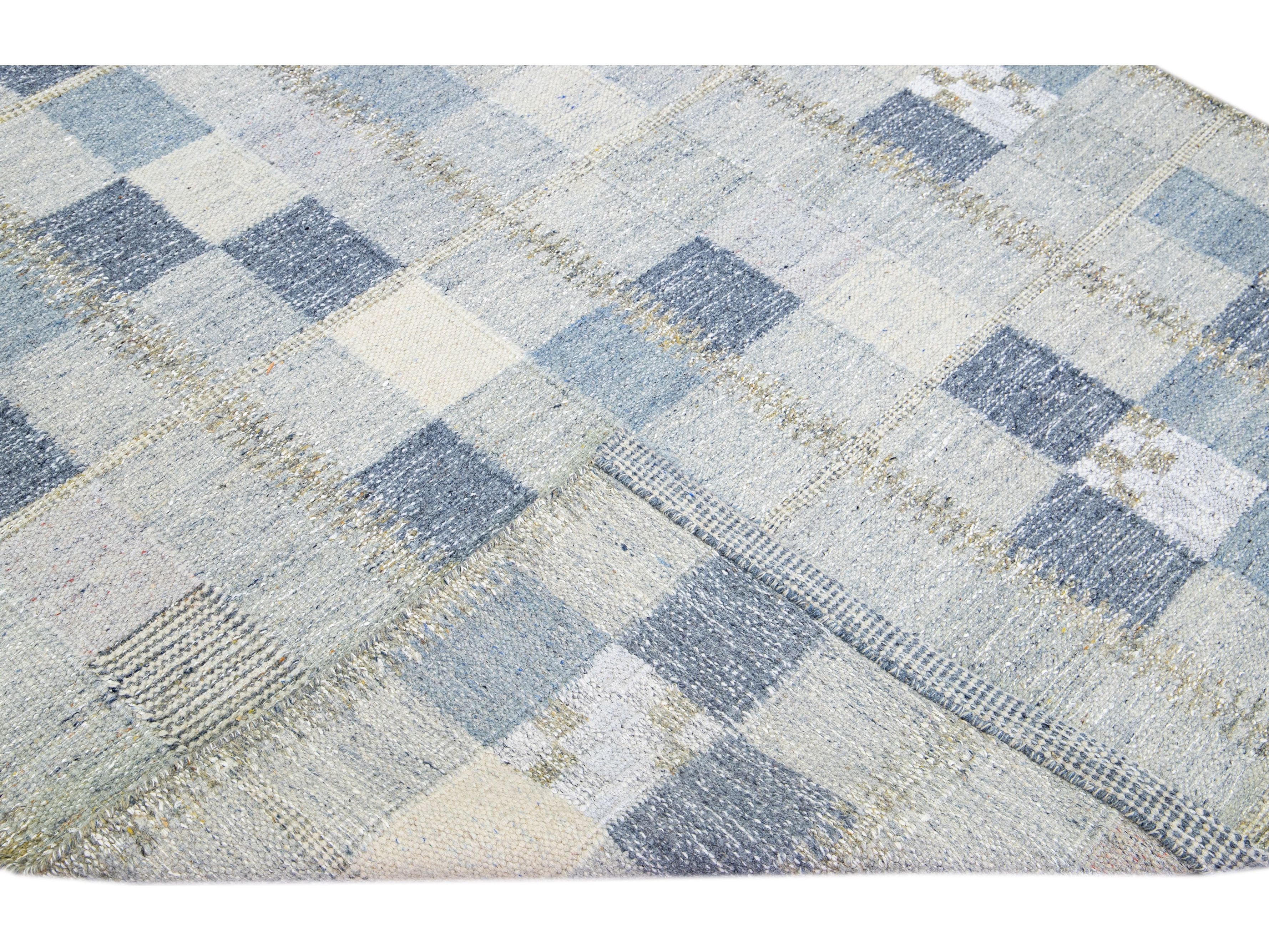 Modern Scandinavian Blue and Gray Handmade Geometric Room SizeWool Rug