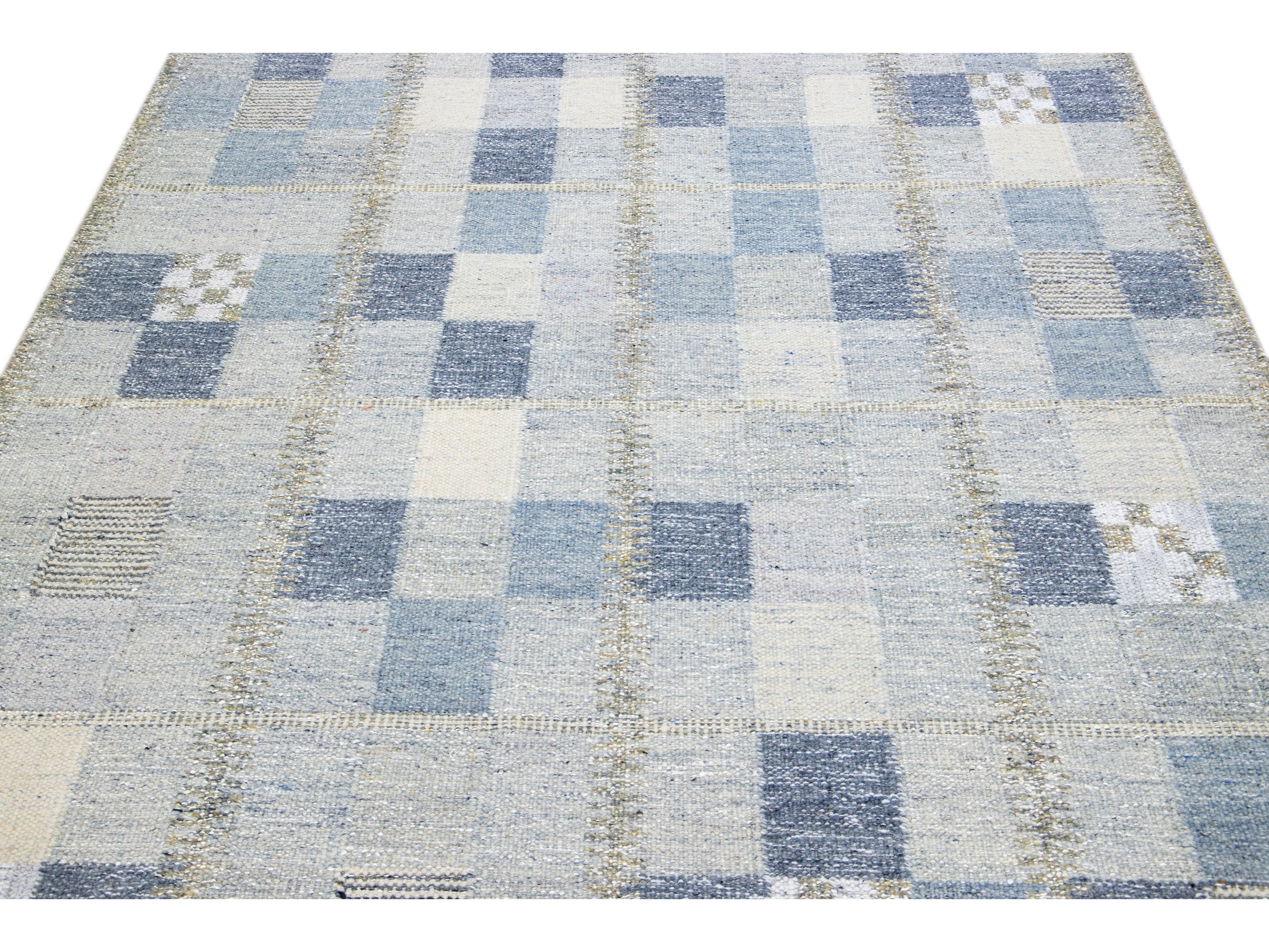 Modern Scandinavian Blue and Gray Handmade Geometric Room SizeWool Rug