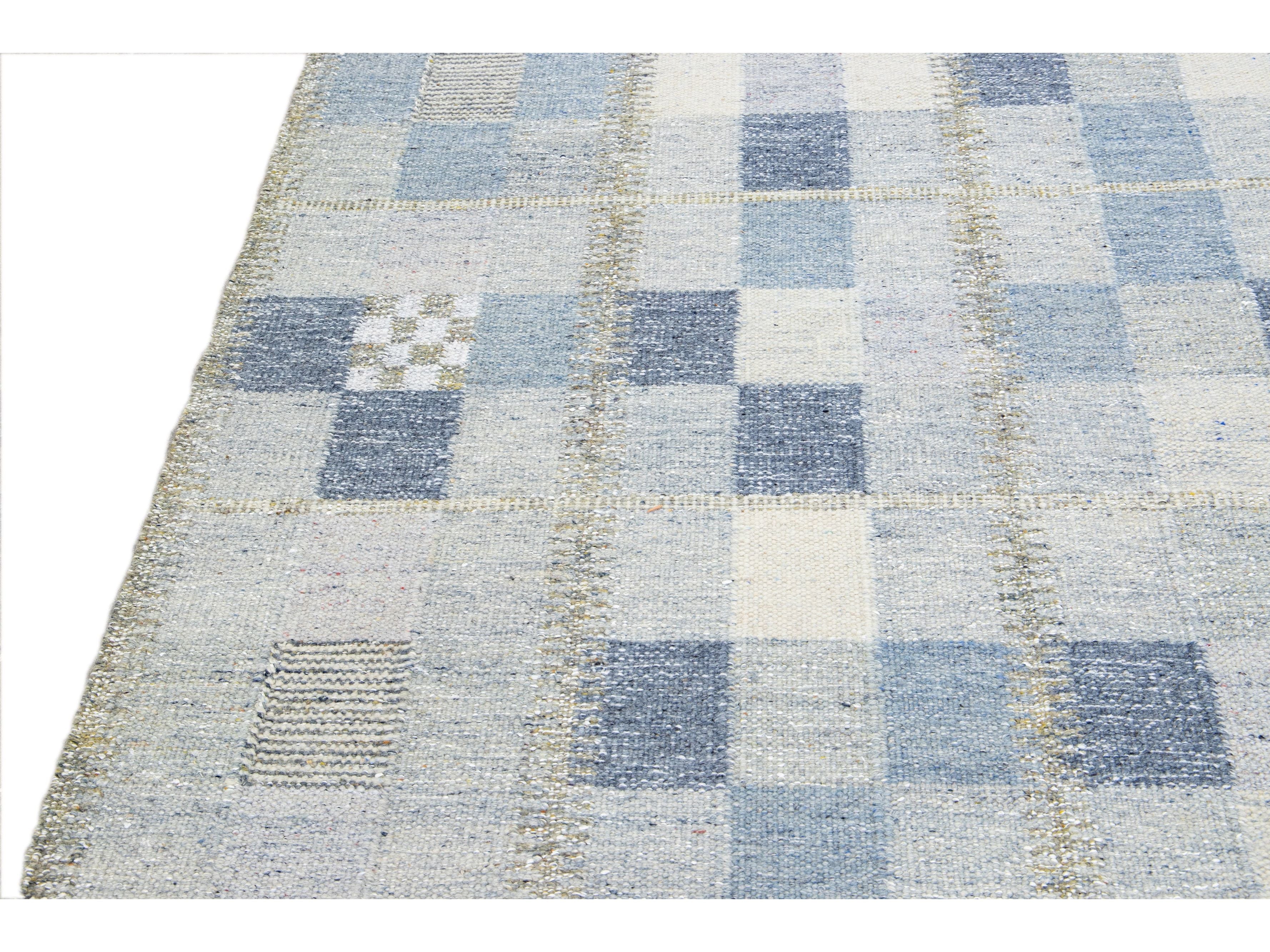 Modern Scandinavian Blue and Gray Handmade Geometric Room SizeWool Rug