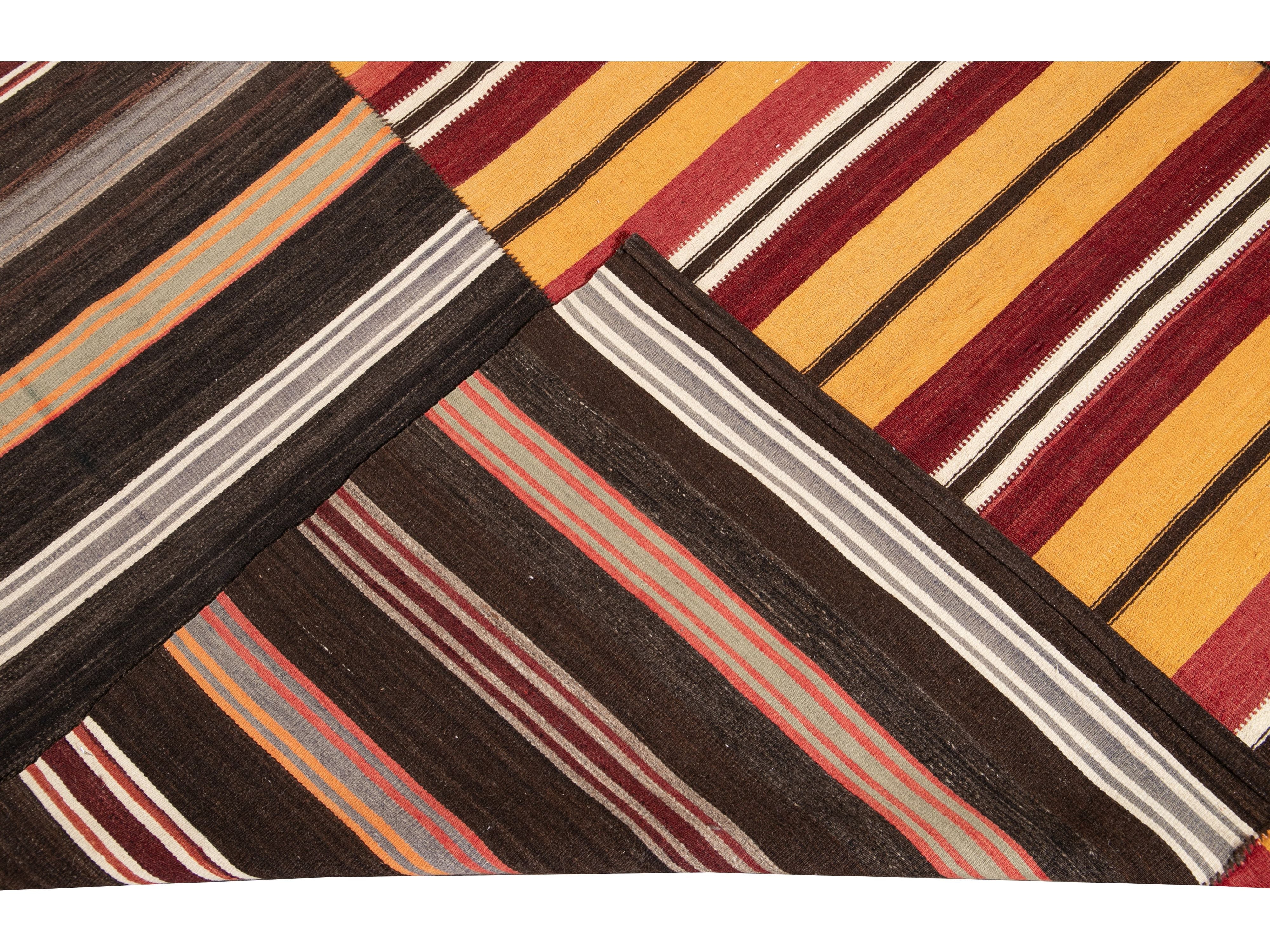 Mid-Century Striped Flatweave Wool Rug 12 X 15