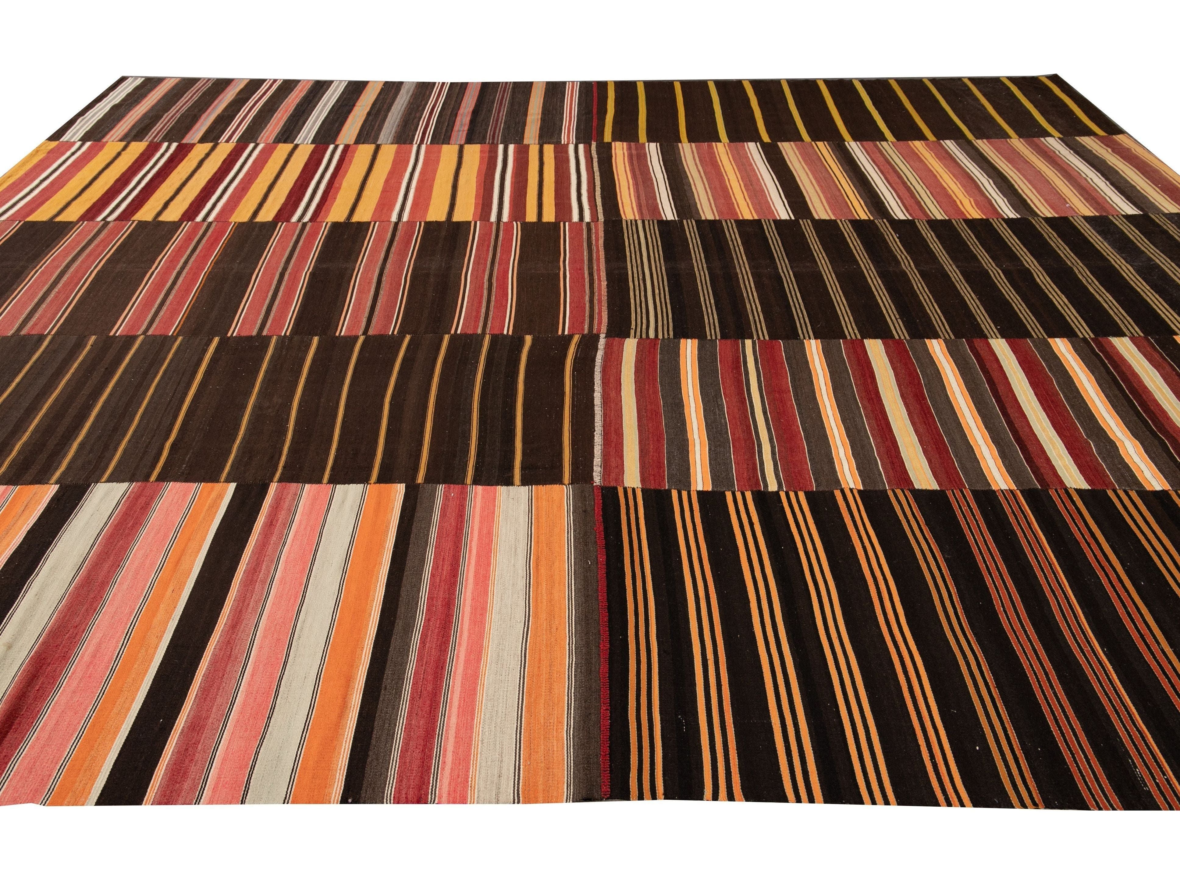 Mid-Century Striped Flatweave Wool Rug 12 X 15