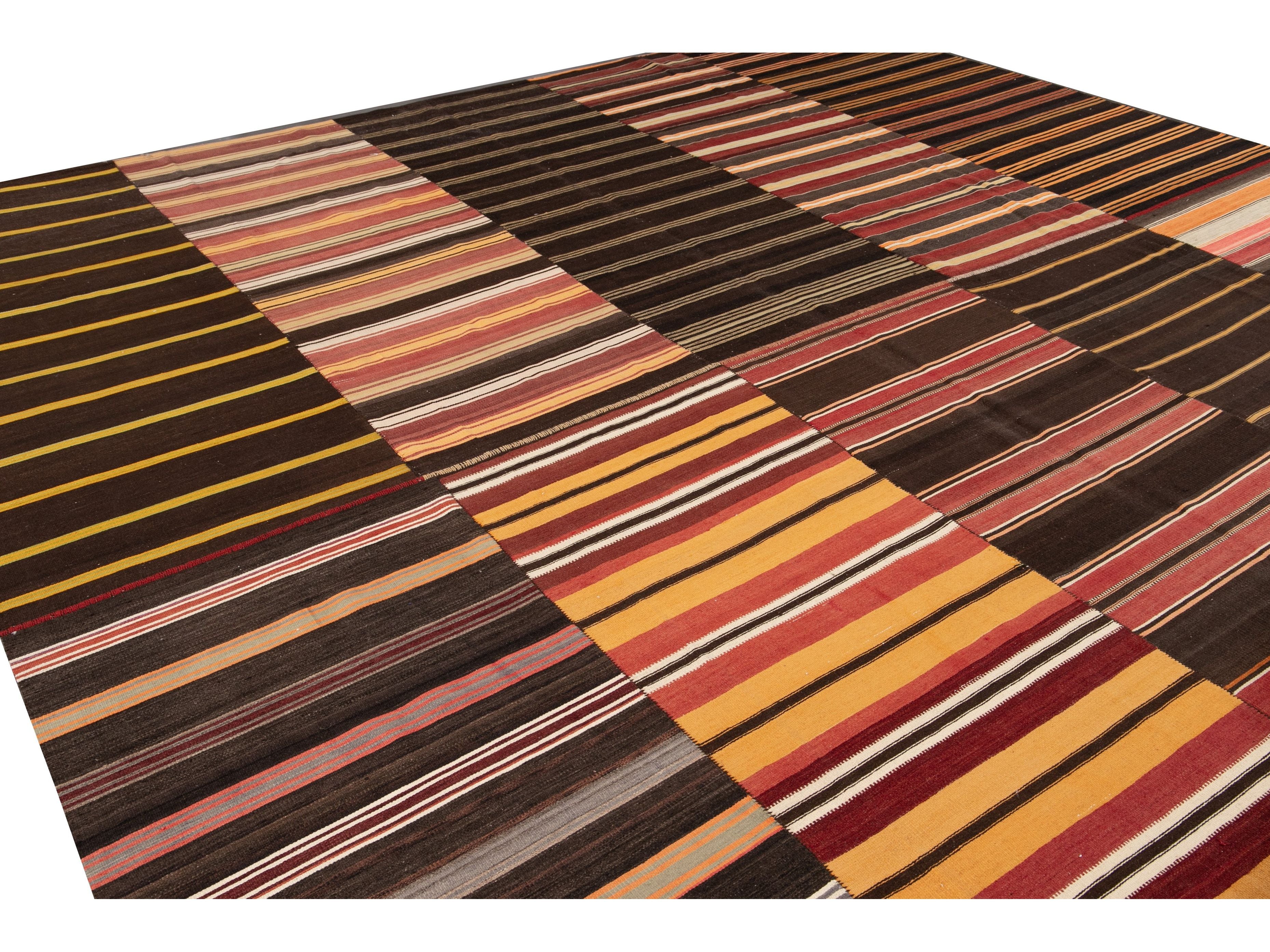 Mid-Century Striped Flatweave Wool Rug 12 X 15