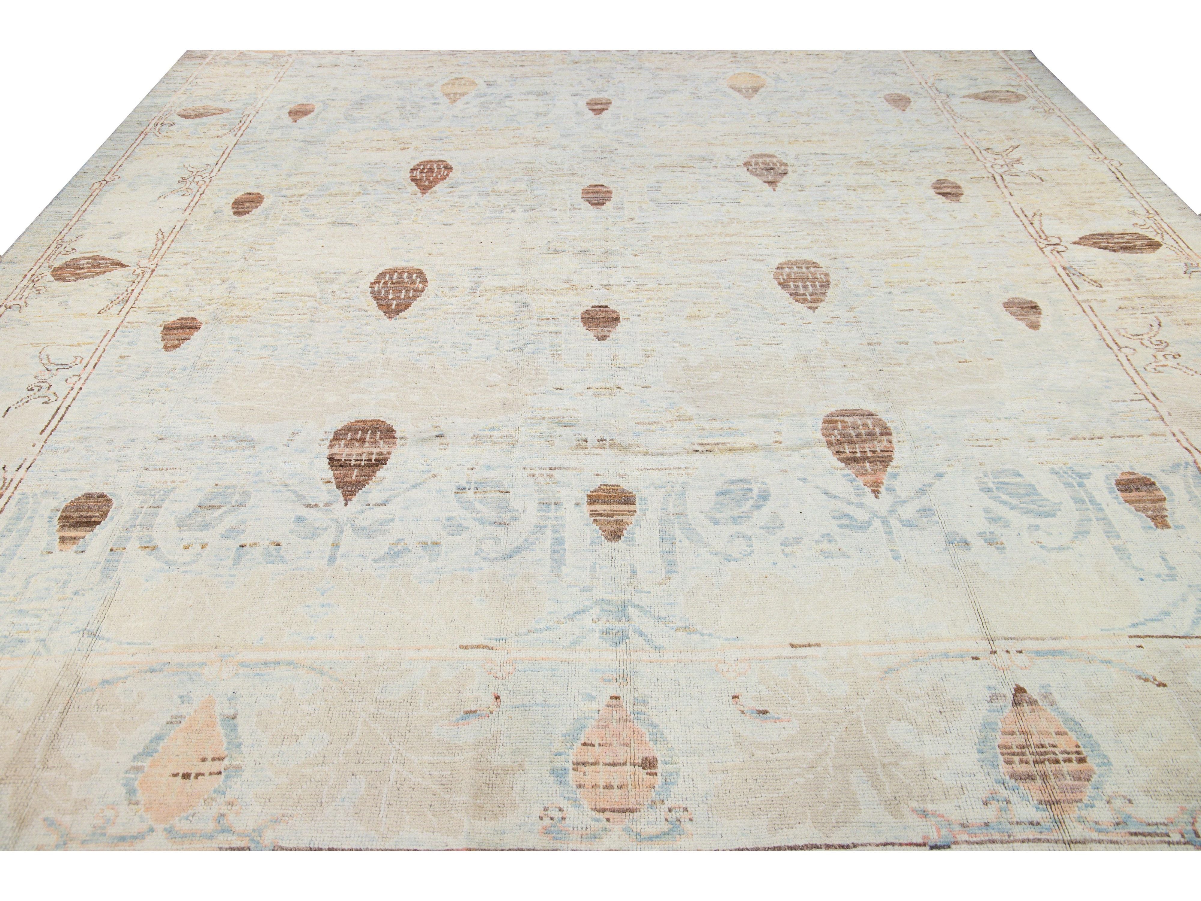 Modern Oushak Handmade Floral Tribal Beige and Blue Wool Rug