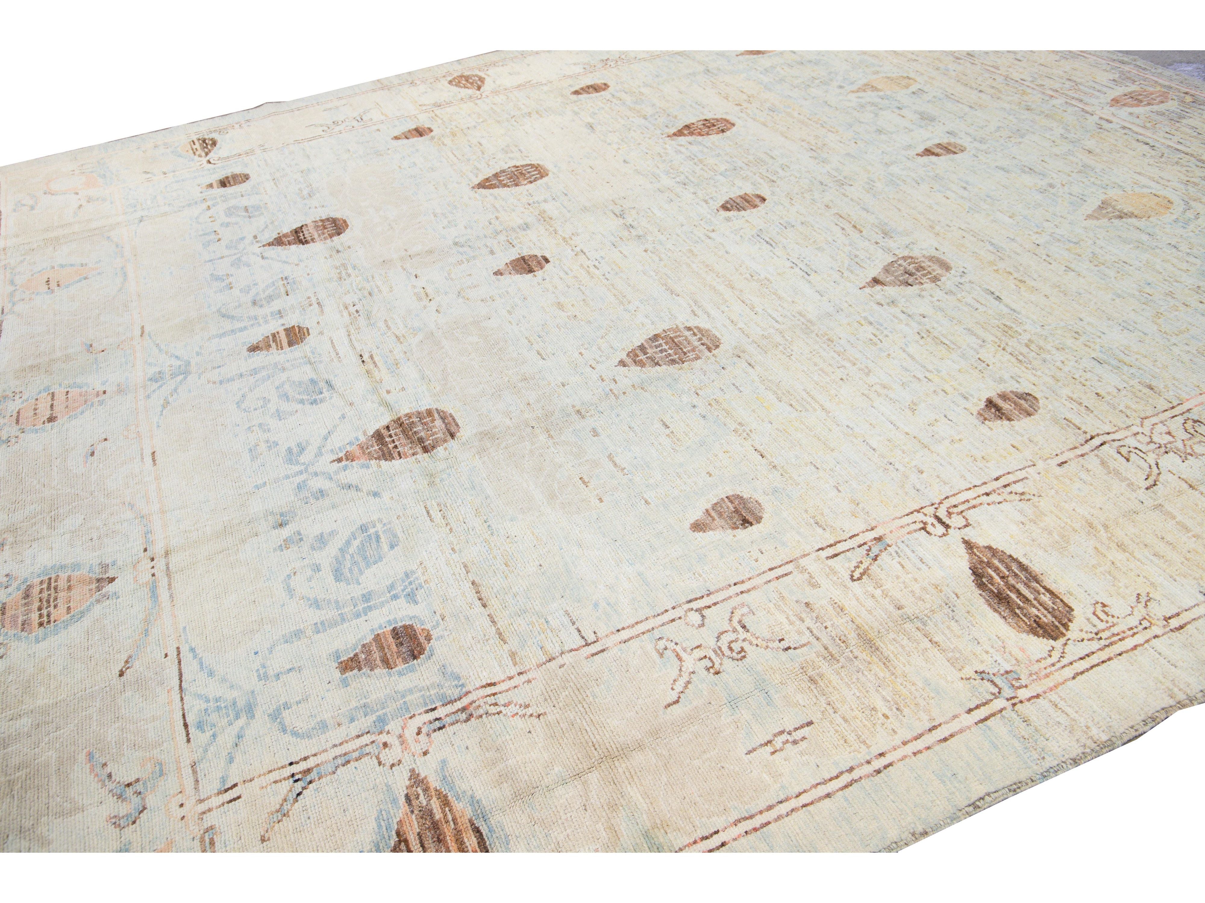 Modern Oushak Handmade Floral Tribal Beige and Blue Wool Rug