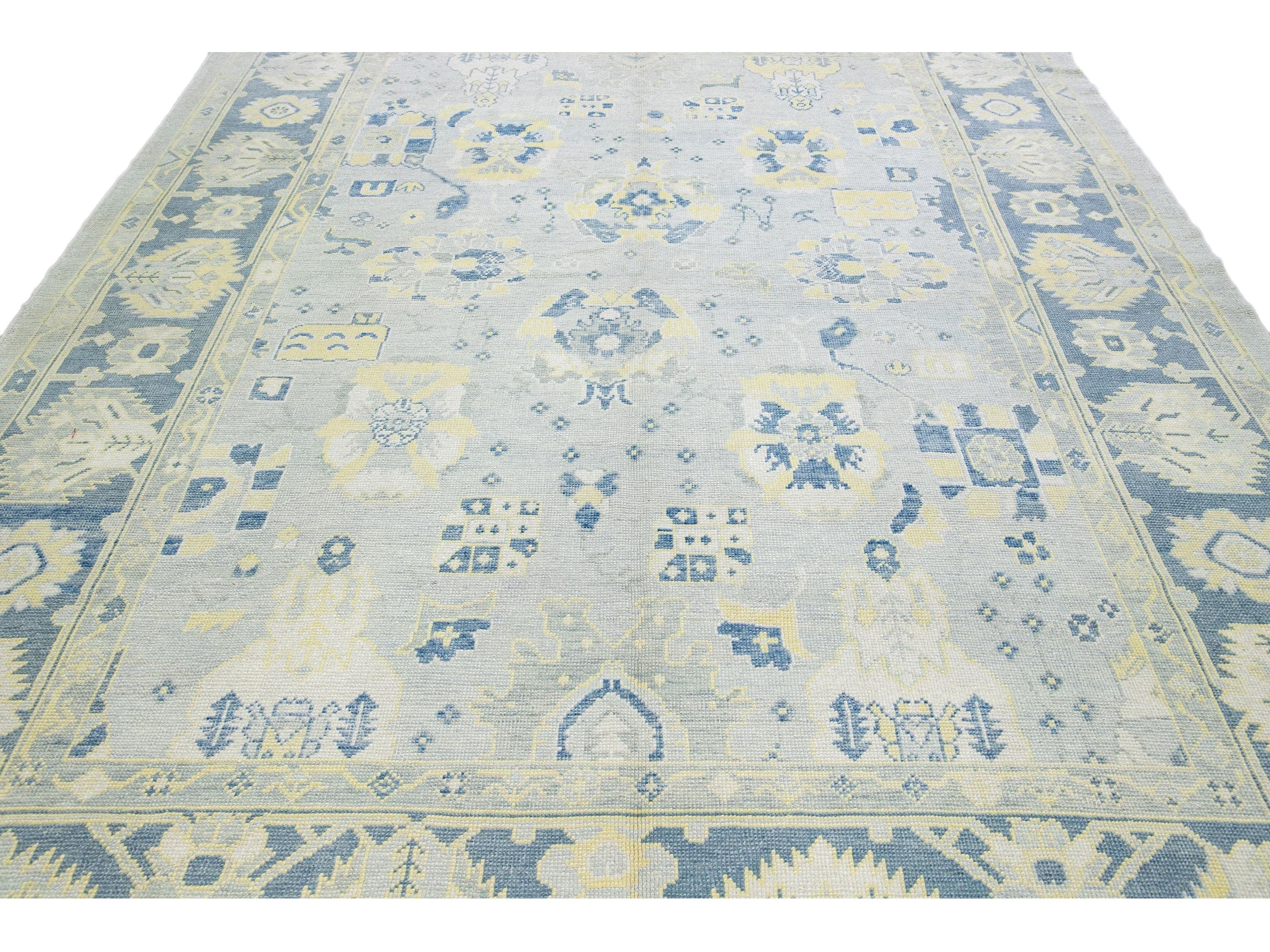 Gray Modern Turkish Oushak Handmade Floral Pattern Wool Rug