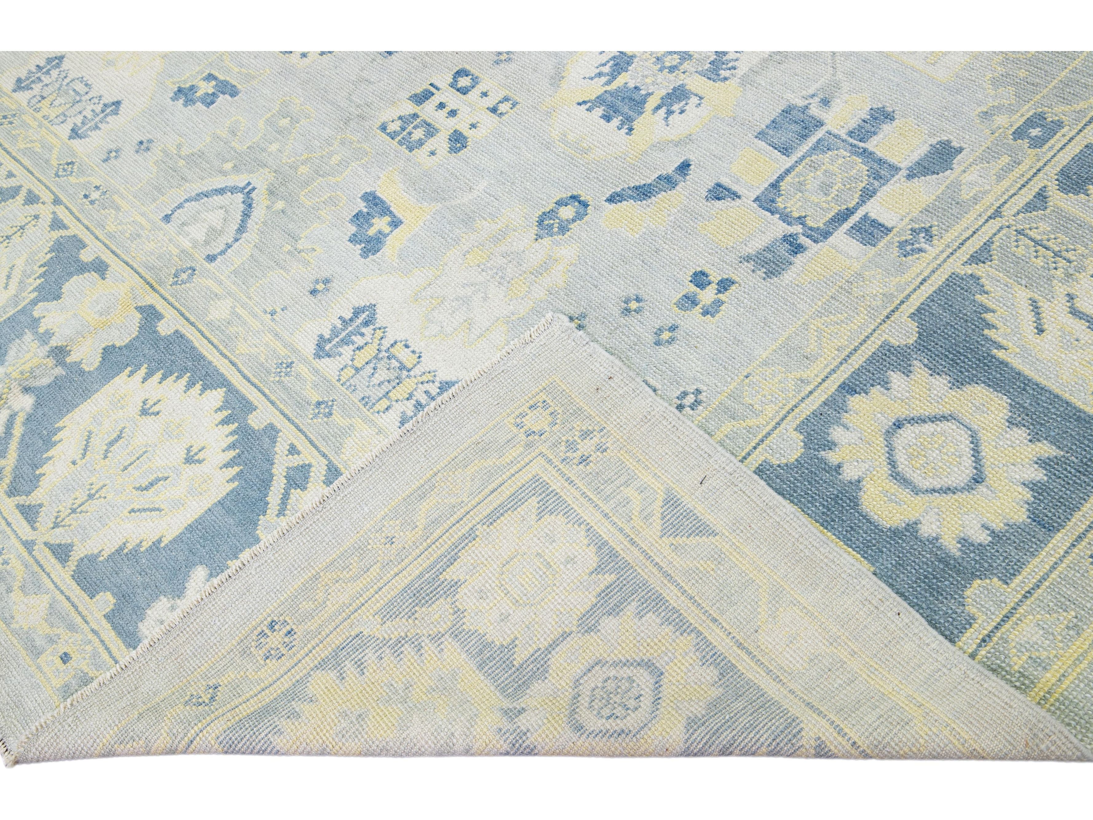 Gray Modern Turkish Oushak Handmade Floral Pattern Wool Rug